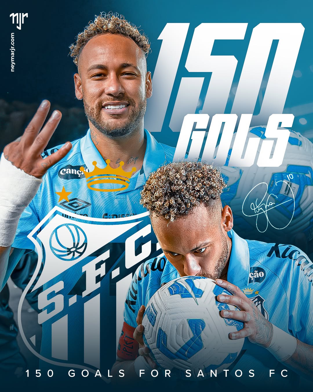 Segue o Príncipe! 
Na maiúscula vitória do @santosfc sobre o Juventude, @neymarjr não só marcou pela 23a vez, 3 gols ou mais na mesma partida, como também o seu 150º gol pelo clube, assim se tornando no 11º artilheiro da história Peixe! 
.
Follow the Prince!
On Santos FC’s huge victory over Juventude, Neymar Jr. not only scored his 23rd hat-trick, but also his 150th goal for the club, thus turning into ‘Peixe’s 11th top-scorer in history!