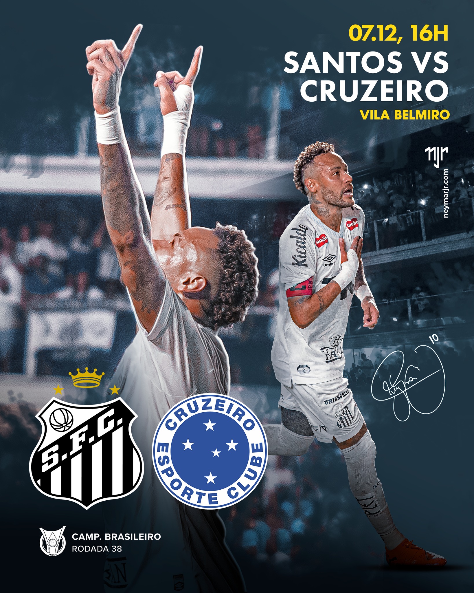 Última partida do ano para o @santosfc !
@neymarjr e sua equipe buscam uma vitória para fechar esta temporada do Campeonato Brasileiro.
O Peixe joga em casa, contra o Cruzeiro.
Boa sorte ao time! ⚽⚪️⚫️

⚡ Santos FC 🆚 Cruzeiro
🏆 Campeonato Brasileiro | Rodada 38
⏰ 16h🇧🇷
🏟️ Vila Belmiro

Last match of the year for Santos FC!
Neymar Jr. and his team are looking for a victory to close out this season of the Campeonato Brasileiro.
The 'Peixe' plays at home against Cruzeiro.
Good luck to the team! ⚽⚪️⚫️