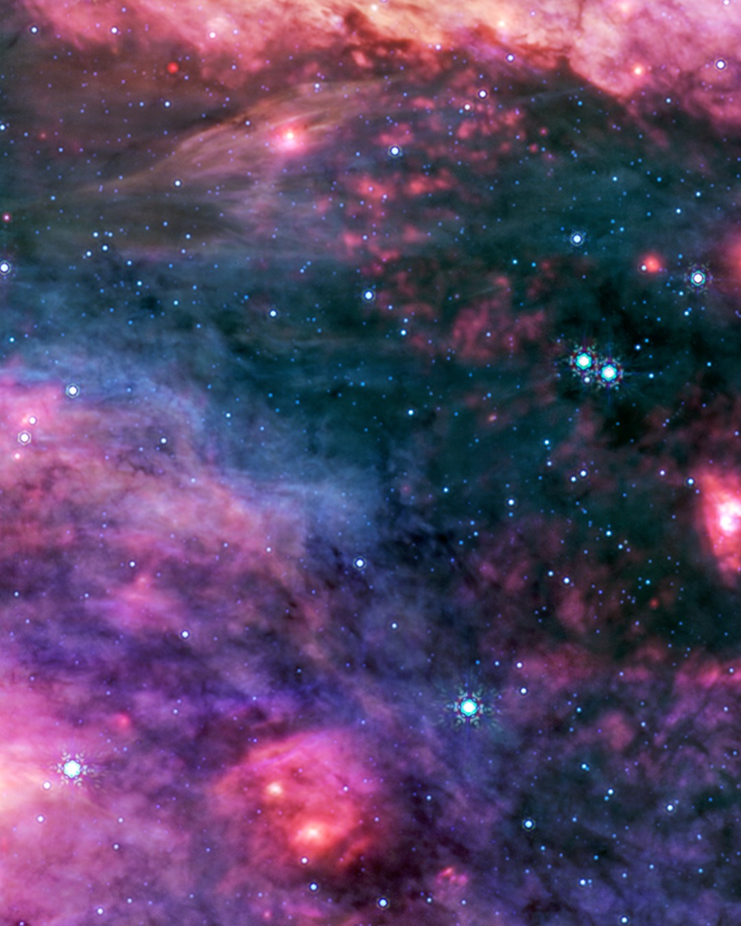 Whimsy or wonder? We'll let you decide

@NASAWebb recently took a look at the Sagittarius B2 molecular cloud: the most massive, and active star-forming region in our galaxy, located only a few hundred light years from the Milky Way's central supermassive black hole. Astronomers want to figure out why this cloud is so much more active than the rest of the galactic center. While Sgr B2 has only 10% of the galactic center's gas, it produces 50% of its stars. 

Even with Webb's sensitive infrared capability, which allows it to see through clouds of dust and gas, there are regions so dense that our orbiting telescope can't see through them. These thick clouds are the raw material of future stars—and a cocoon for those still too young to shine.

The first three slides in this carousel show Sgr B2 as seen by Webb's Mid-Infrared Instrument, which captured glowing cosmic dust heated by very young massive stars in unprecedented detail. Note that while the dust and gas glow dramatically, all the bright stars disappear from view. In contrast, in near-infrared wavelengths (seen in the last three images), it's the colorful stars that steal the show. Astronomers will seek to discover the masses and ages of these stars to better learn about how they're formed in this dense, active region of the galactic center. 

Read more at the link in @NASAWebb's bio.

Image credit: Image: NASA, ESA, CSA, STScI, Adam Ginsburg (University of Florida), Nazar Budaiev (University of Florida), Taehwa Yoo (University of Florida); Image Processing: Alyssa Pagan (STScI)

Image description: Two images of space, each split up into three slides. The first three slides depict a swirling patch of red and magenta clouds, with bright blue, six-pointed spots shining through. In the second three slides, the same image is seen in shades of orange, but the stars are much more numerous, filling the screen almost completely.

#NASA #Space #Universe #JWST #Astrophotography
