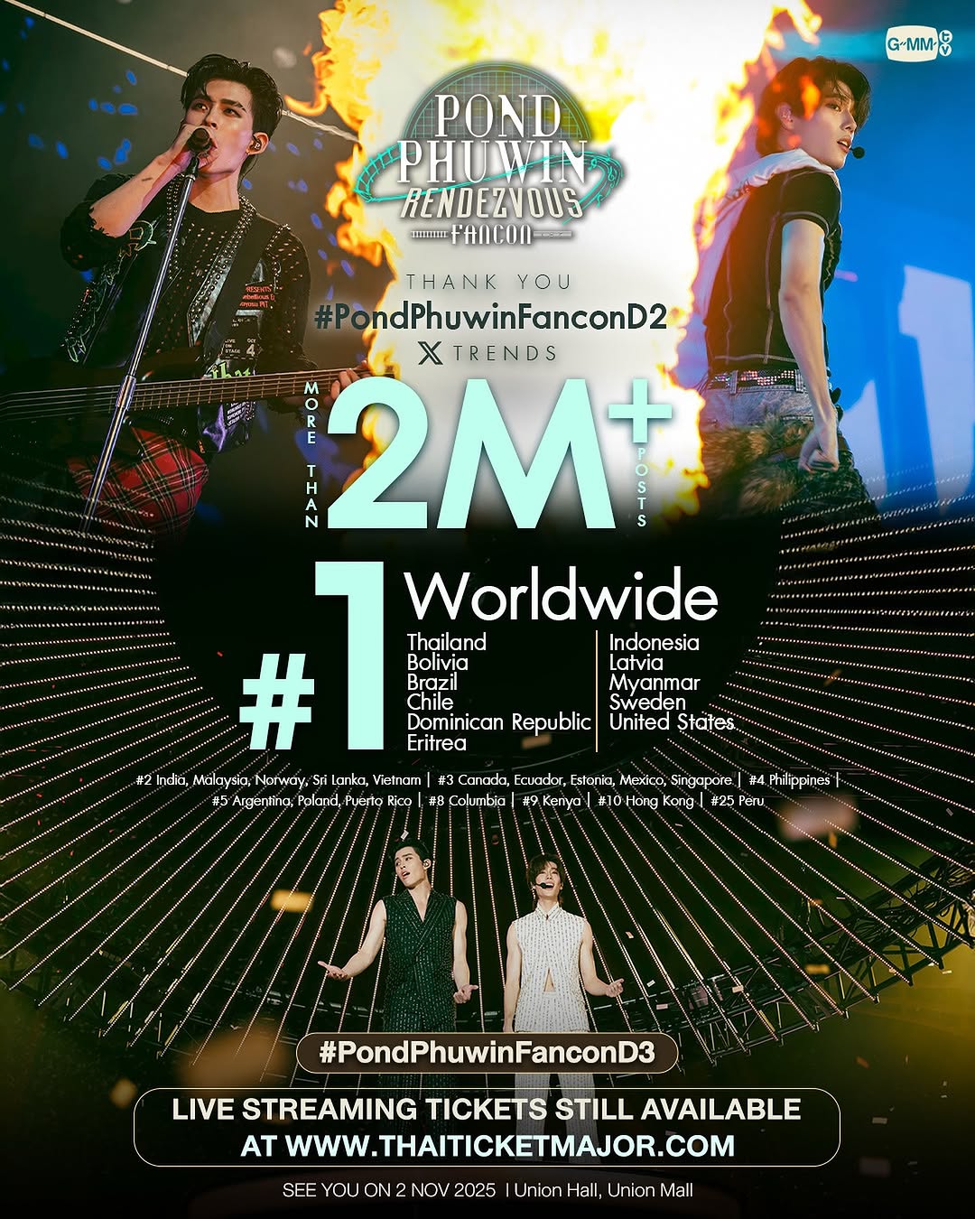 ขอบคุณทุกความรักกว่า 2M+ ที่มาร่วมเดินทางกับพวกเราใน #PondPhuwinFanconD2 ทำให้ขึ้นเทรนด์อันดับ 1 บน X Worldwide และทุกอันดับในอีกหลายพื้นที่ทั่วโลก และสถานีปลายทาง #PondPhuwinFanconD3 กำลังจะเริ่มแล้ว ทุกคนพร้อมขึ้นรถไฟขบวนนี้กันหรือยังครับ ?! 🚂

‘POND PHUWIN Rendezvous FANCON’ 🚂 
📌 Buy Live Streaming Tickets 👉 https://shorturl.at/ioGXu
SEE YOU ON 2 NOV 2025 | Union Hall, Union Mall

#PondPhuwinFancon
#MeAndTheeSeries
#GMMTV
