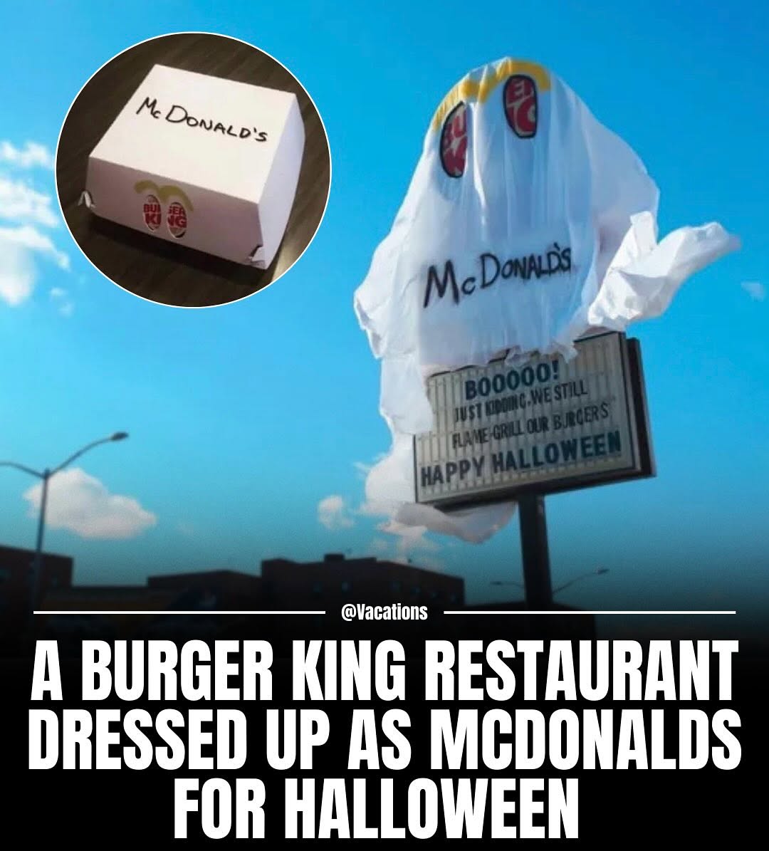 When Burger King became McDonald’s for Halloween 👻🍔
Back in 2016, a Burger King in Rego Park, NYC, pulled off one of the boldest Halloween pranks ever — wrapping the whole restaurant in a giant ghost sheet labeled “McDonald’s.”
The twist? Their sign read:
“BOOOOO! Just kidding, we still flame grill our burgers.” 🔥
Even the burger boxes wore McDonald’s branding for the night.
Epic marketing. Legendary troll. 👑💀

#BurgerKing #Halloween #NYC #Marketing #McDonalds #Fastfood #Funny #HappyHalloween