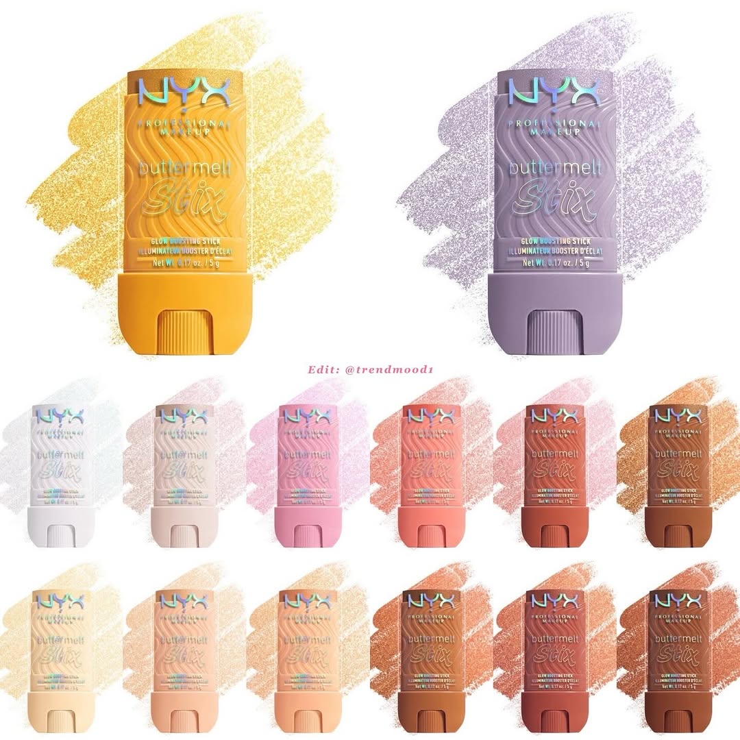 Available Now! 🚨 in Europe NEW! Buttermelt Stix ✨😍 Glow Boosting Highlighter #nyx 

Buttery-smooth, long-wearing highlighter stick infused with nourishing butters cupuaçu & coconut butter, for a seamless, glazed glow
A buttery soft texture that glides effortlessly onto your skin. 
Delivers a glow from head to toe, up to 8 hours of wear with a non-creasing, non-greasy formula, vegan and cruelty-free. 
In 14 shades:
01 Big Melt Energy - Clear with multi-colored shimmer
02 Love At First Melt - Silver lavender with iridescent shimmer
03 That’s So Melt - White with white shimmer
04 My Melt Era - Soft pink with multi-colored shimmer
05 Sending Melt - Light yellow with champagne shimmer
06 A Whole Melt - Warm honey
07 That’s On Melt - True rose gold
08 Let Me Melt - Soft peach
09 Melt Down - Bright peach with multi-colored shimmer
10 Worth Melting For - Bold deep gold
11 Melt You Later - Warm terracotta with gold shimmer
12 It’s Giving Melt - Deep rich bronze gold
13 Left On Melt - Warm copper
14 Melt To Be - Deep bronze

Coming Soon on their website and retailers 

Which glow is on your list? 😍✨💛XO #TRENDMOOD #highlighter #newmakeup #beautynews