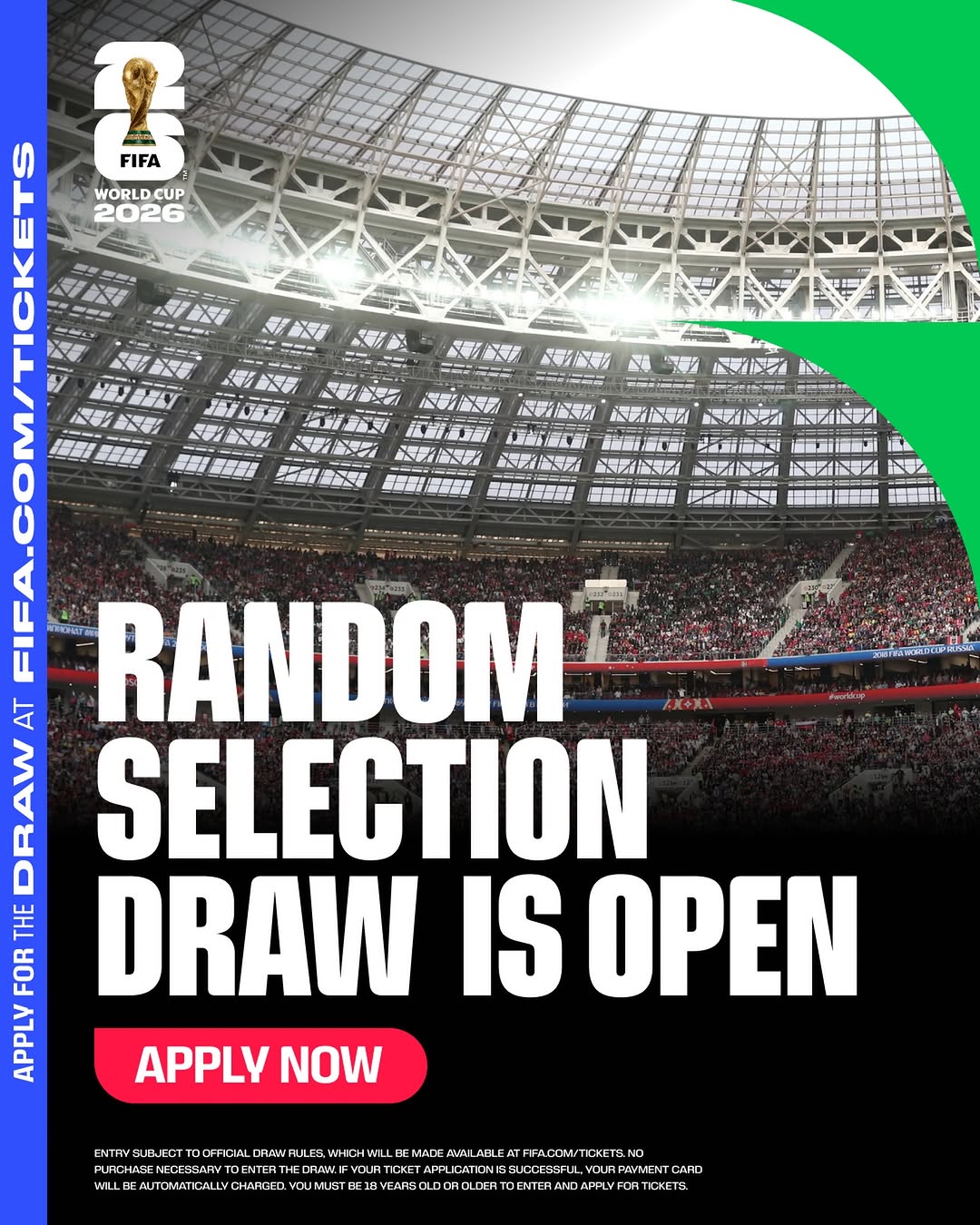 Enter the Random Selection Draw to apply for #FIFAWorldCup tickets 🇨🇦🇲🇽🇺🇸

✅ Must be 18+ to enter  
✅ No purchase necessary to enter the draw
✅ Subject to Official Rules of the Random Selection Draw
✅ Successful applicants will be automatically charged via their payment card
✅ Timeline: Dec 11th – Jan 13th