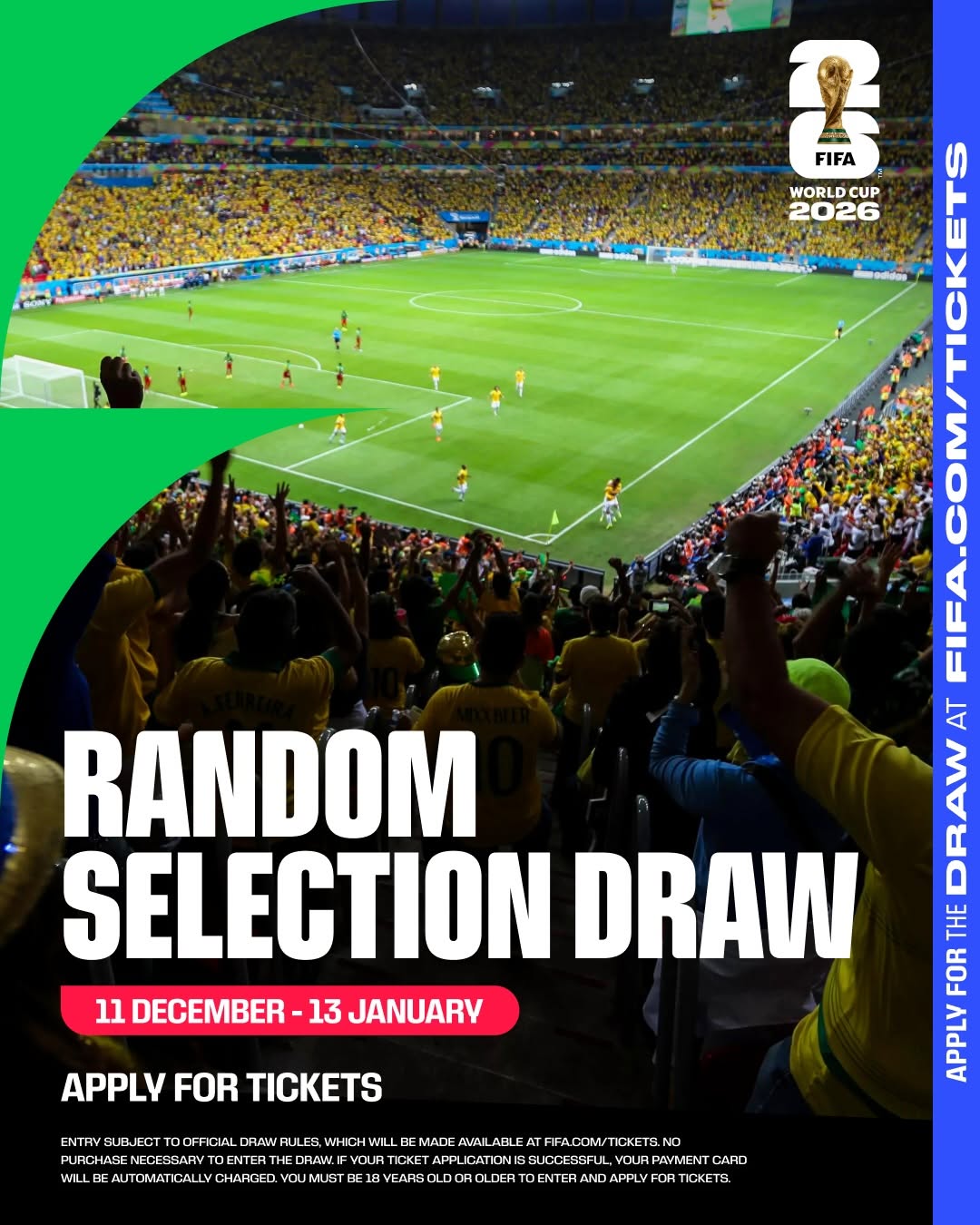 Here is everything you need to know about the Random Selection Draw 🇨🇦🇲🇽🇺🇸

Must be 18+ to enter +. No purchase necessary to enter the draw. Successful applicants will be automatically charged via their payment card. Enter Dec 11th – Jan 13th via link in bio.