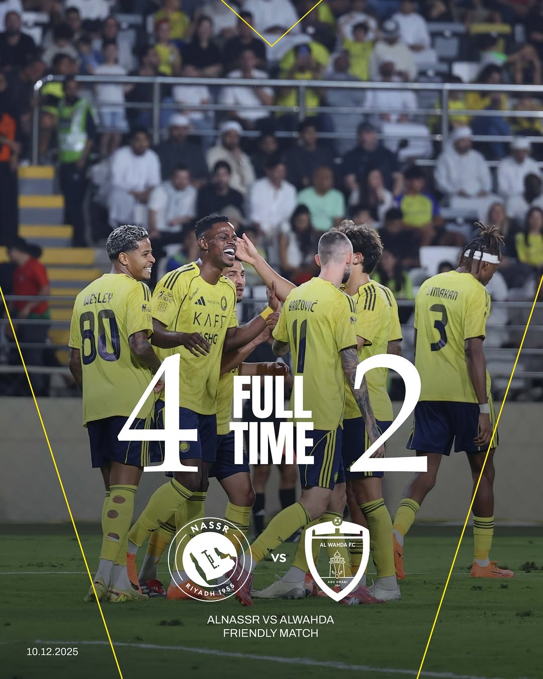 🔚
صافـرة النهاية لمباراتنا الوديـة 💛
النصر 4 - 2 الوحدة الإماراتي

𝐅𝐔𝐋𝐋 𝐓𝐈𝐌𝐄 💛
@AlNassr 4 🆚 2 #AlWahda