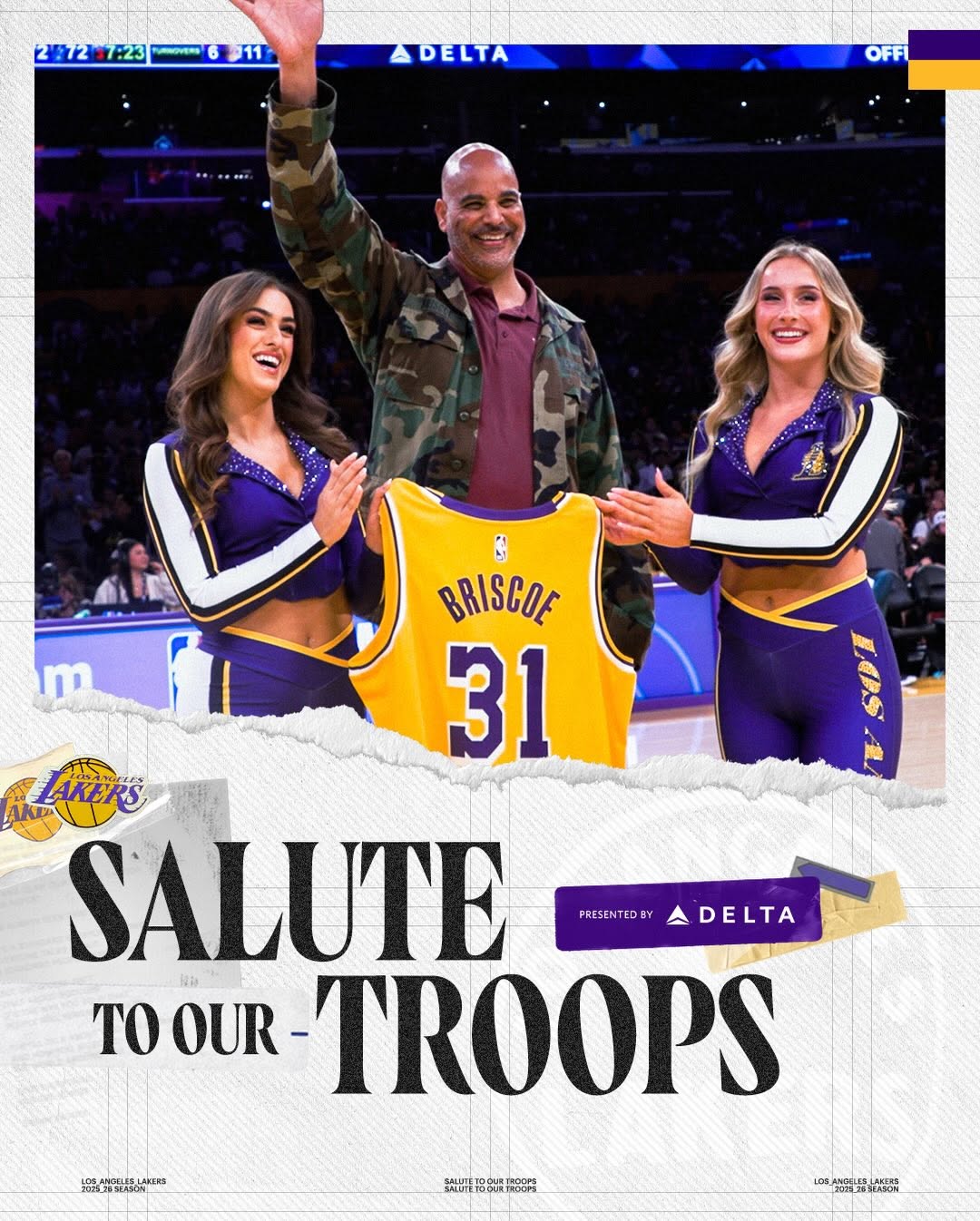 Teaming up with @delta and @bobhopeuso, the Lakers invited U.S. Marine, Victorian Briscoe, for a special day with the Purple & Gold 💜 

Honoring those who have served with Salute to Our Troops