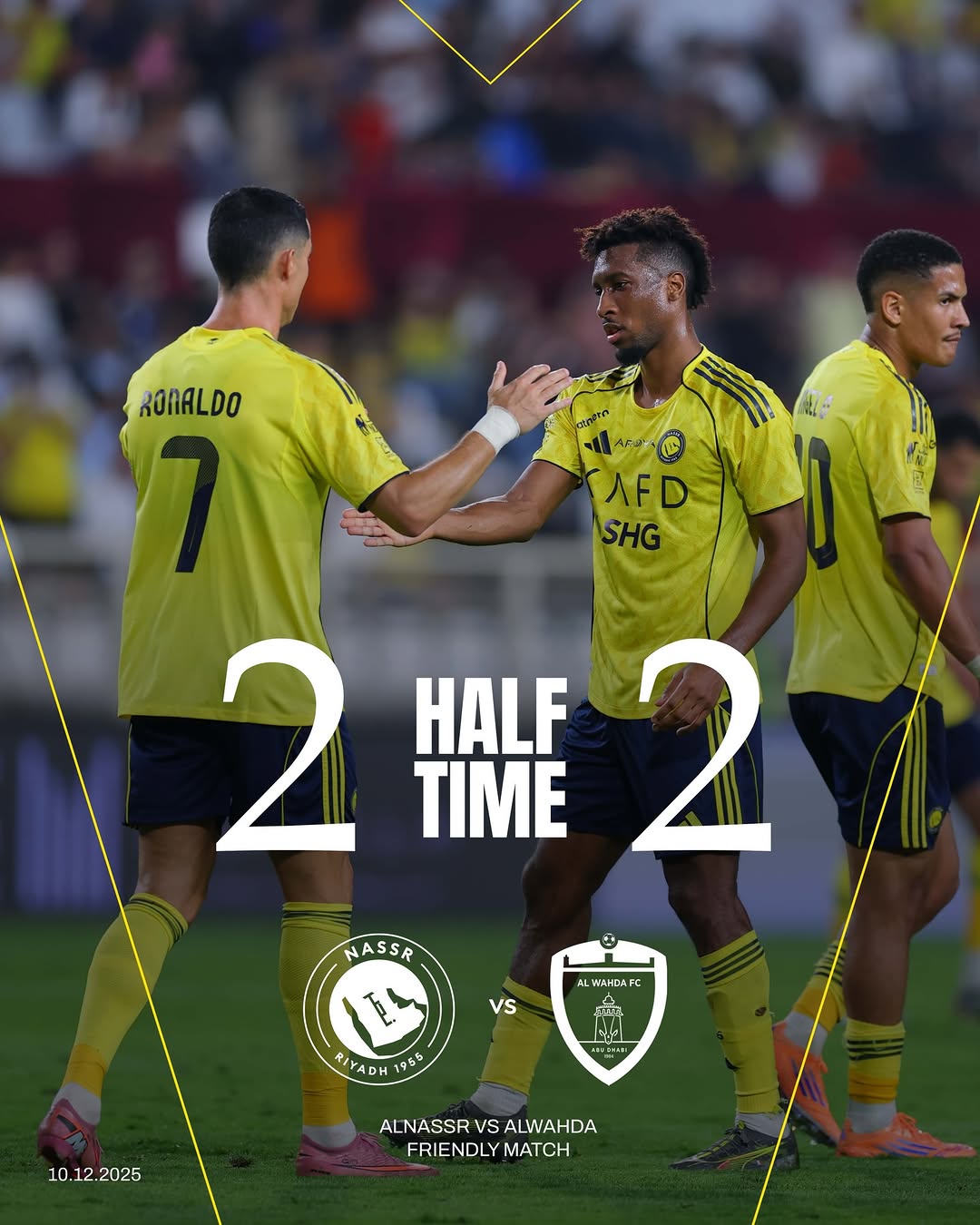 ⏳
الشوط الأول ينتهـي
‏تعـادلٌ بهدفيـن لهدفيـن ⏸️
𝐇𝐀𝐋𝐅 𝐓𝐈𝐌𝐄 ⏱️
@AlNassr 2 🆚 2 #AlWahda