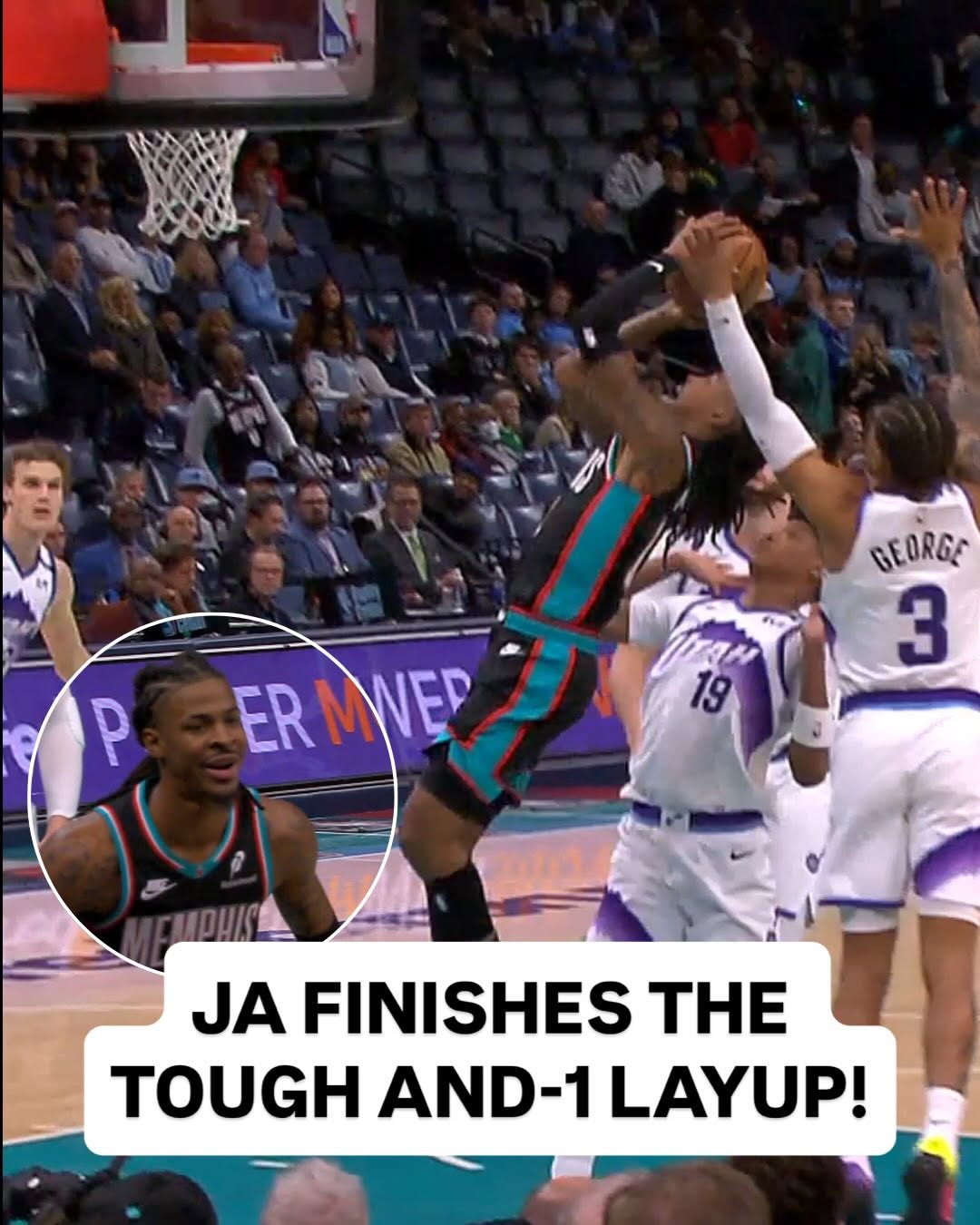 Ja Morant goes coast to coast and finishes the and-1 layup through contact! 💪 UTA/MEM • NBA League Pass • <link in bio>