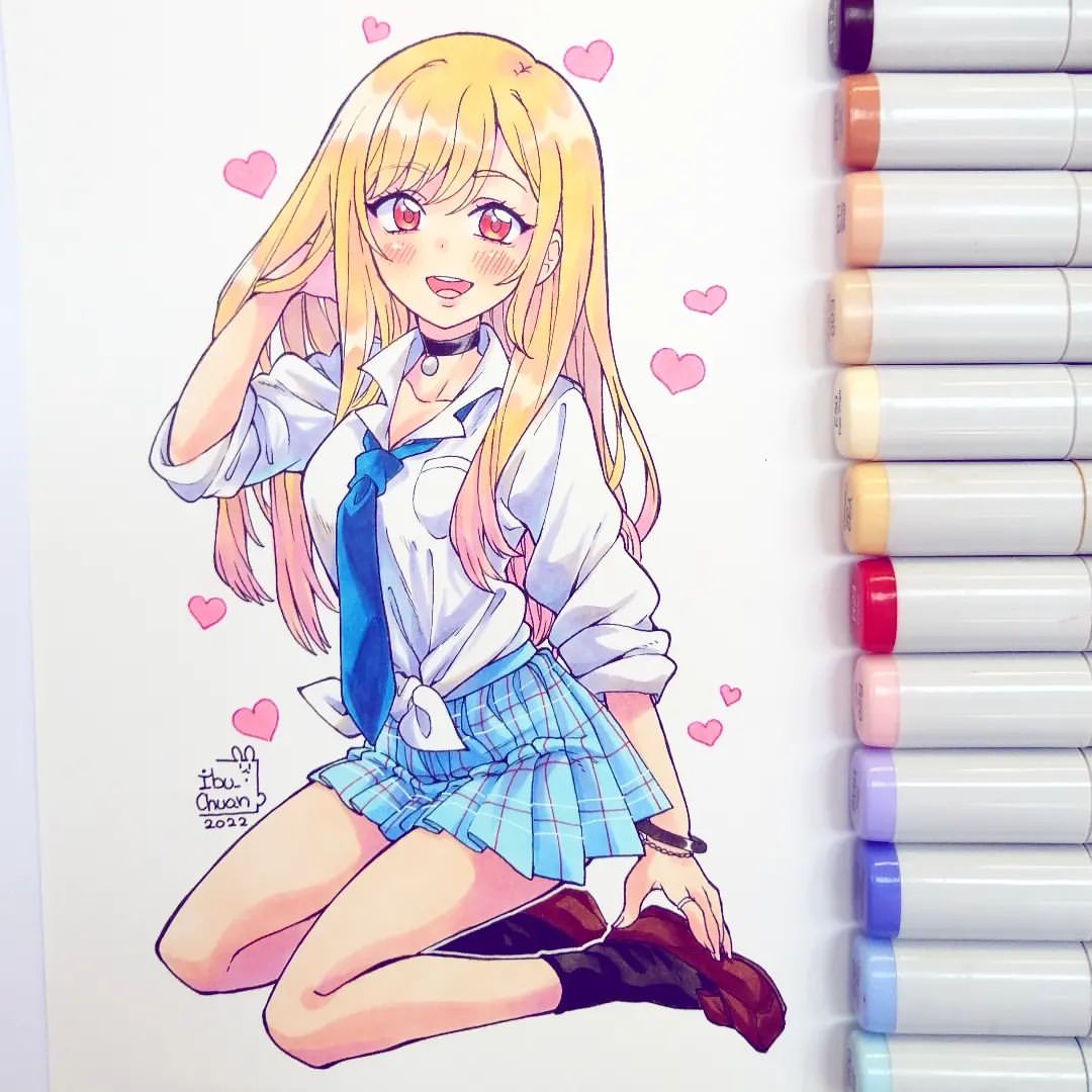 Que tal? Tanto tiempo sin verlos!
 😩💕💕💕

 Hoy quiero mostrarles esta bella Marín que pude terminar gracias a @boykot.cl y sus excelentes productos copic marker 👌📝🖍️
 Si necesitas marcadores, tiralineas, tintas, hojas, etc... @boykot.cl es el lugar indicado 💖
 Te invito a pasarte por su cuenta y ver sus materiales.
 #copicmarkers #marinkitagawa #sonobisquedollwakoiwosuru