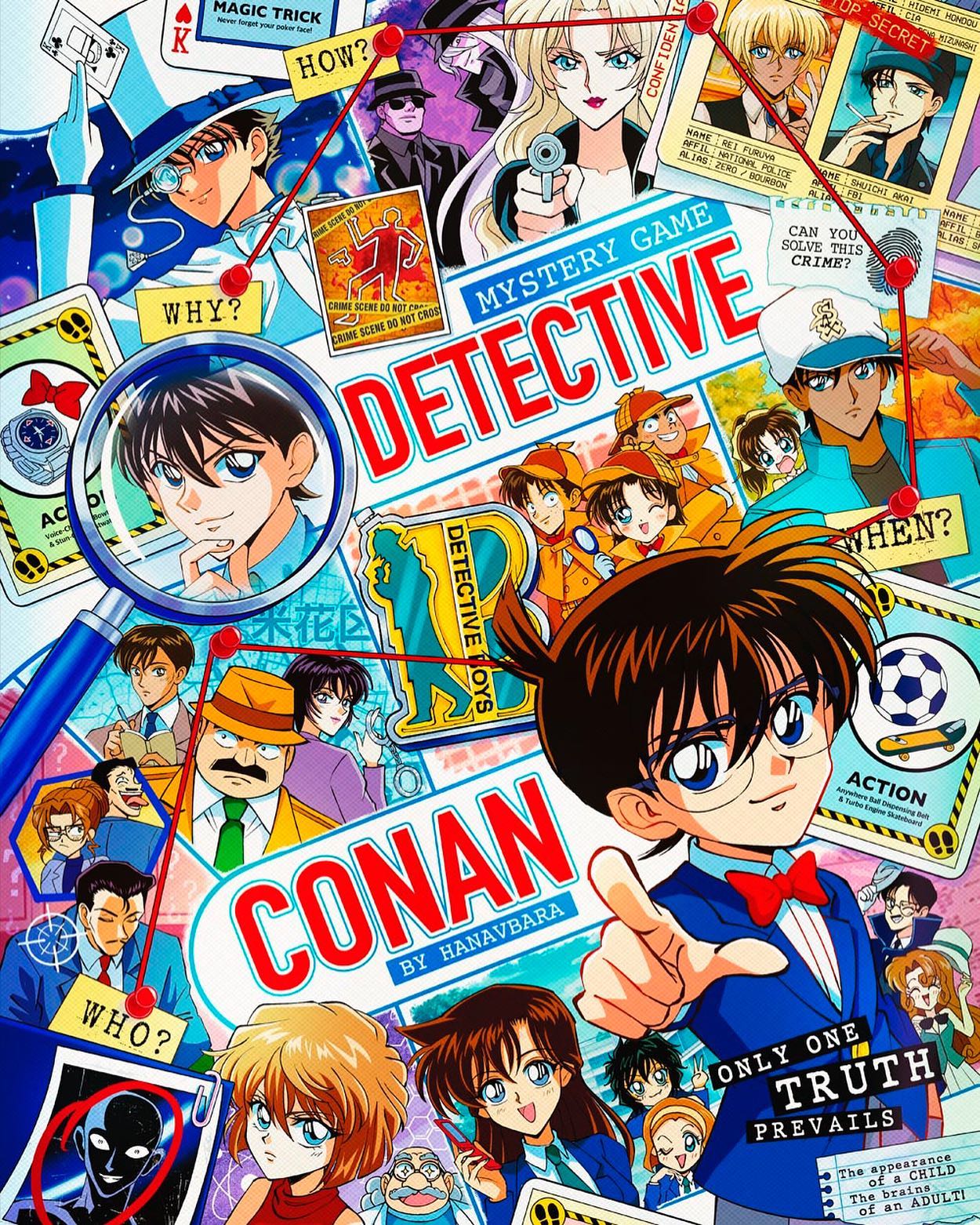 mystery game! 🔎 👣⚽️ 

detective conan is one of the defining animes of our lifetime🥹 we have been wanting to create an illustration that pays tribute to all the characters since forever! even the culprit who haunted our nightmares when we first started watching at just 5 years old! 🤣 who is your favorite character? our favourites are haibara, vermouth and amuro! and obviously conan has a special place in our heart💜💛

sembla un nen però té el cervell d’un adult!💫 la print del conan s’estrena demà al @manga.bcn 🫶🏻