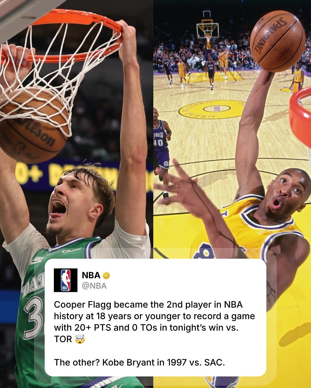 Only two players in NBA history to record 20+ points and 0 turnovers in a game at 18 years old or younger? Cooper Flagg and Kobe!

Flagg and the @dallasmavs host OKC tonight at 8:30pm/et on NBA League Pass.