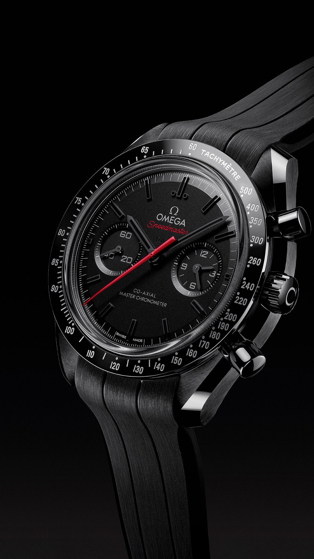Manual-winding control. The Speedmaster Dark Side of the Moon with Co-Axial Master Chronometer Calibre 9908 Black Edition. Red chronograph hand commands the matte ceramic dial. Pure mechanical excellence.

#OMEGA
#Speedmaster