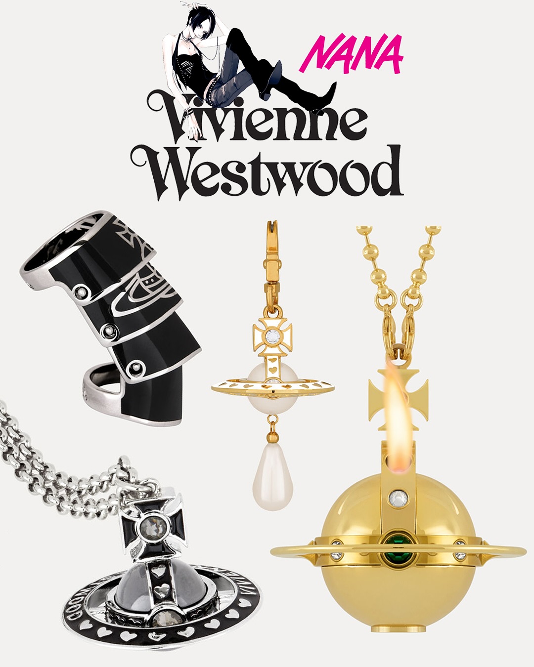 The Vivienne Westwood x NANA collaboration has dropped, celebrating 25 years of the Ai Yazawa manga

Following two girls named Nana chasing their dreams in Tokyo, the manga became renowned for the character’s punk-edged fashion aesthetic, featuring iconic Vivienne Westwood jewellery and outfits referenced in this collaborative collection

The collection includes clothing, jewellery and an ultra-exclusive Giant Orb Vivienne Westwood Lighter studded with crystals and engraved with a unique edition number, with only 250 available globally