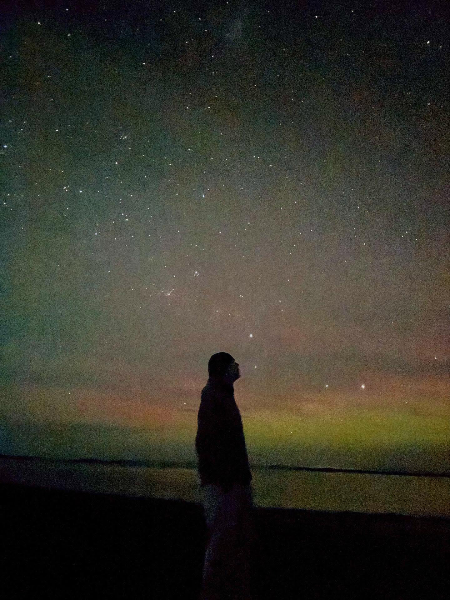 根本新專輯封面 但我新專輯還沒好耶😆 Beneath a sky where pink auroras bloom, a lone meteor slowly draws its arc across the night… perhaps a new song is quietly taking shape.