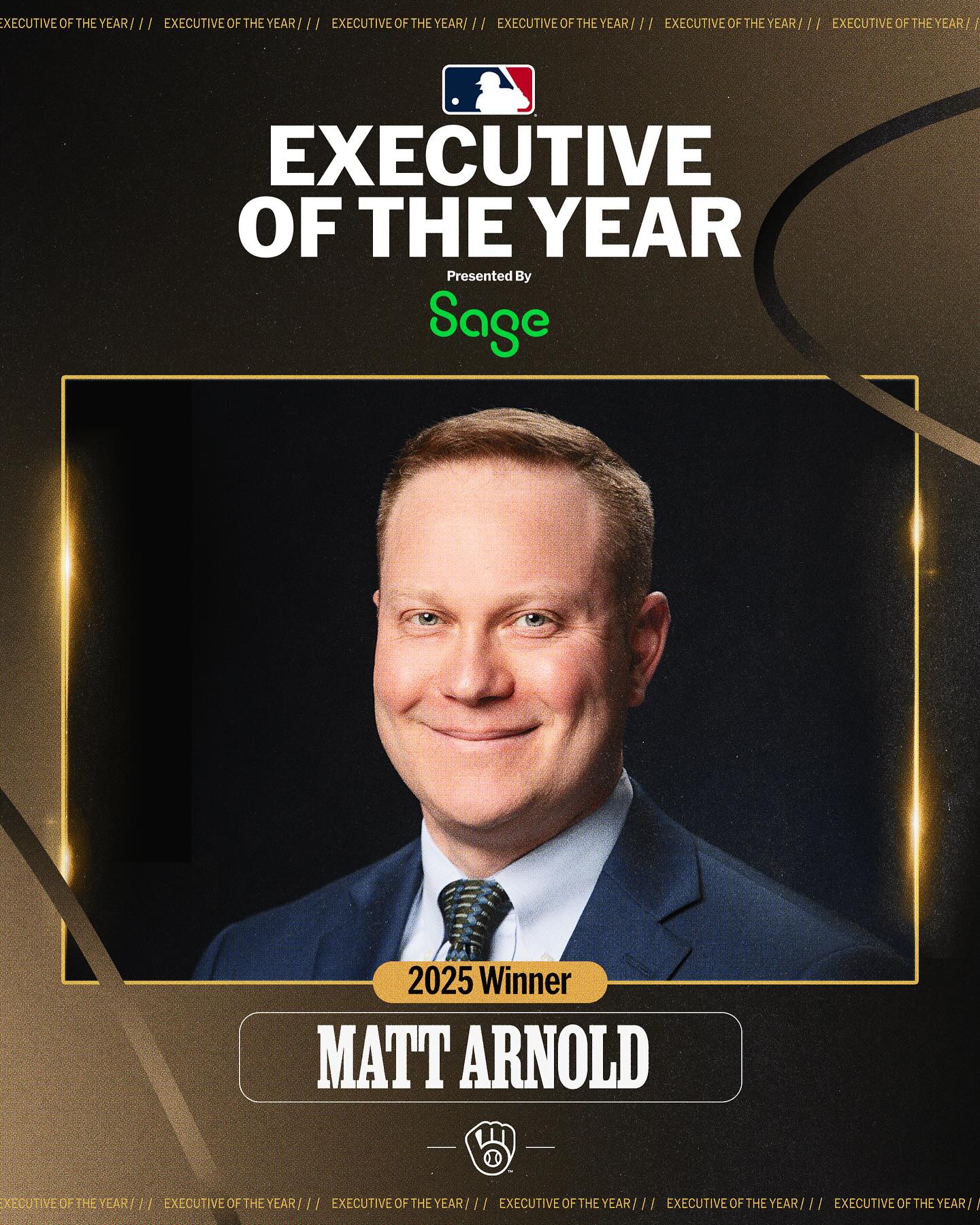 For the second straight year, @Brewers GM Matt Arnold wins the MLB Executive of the Year Award presented by @SageOfficial!