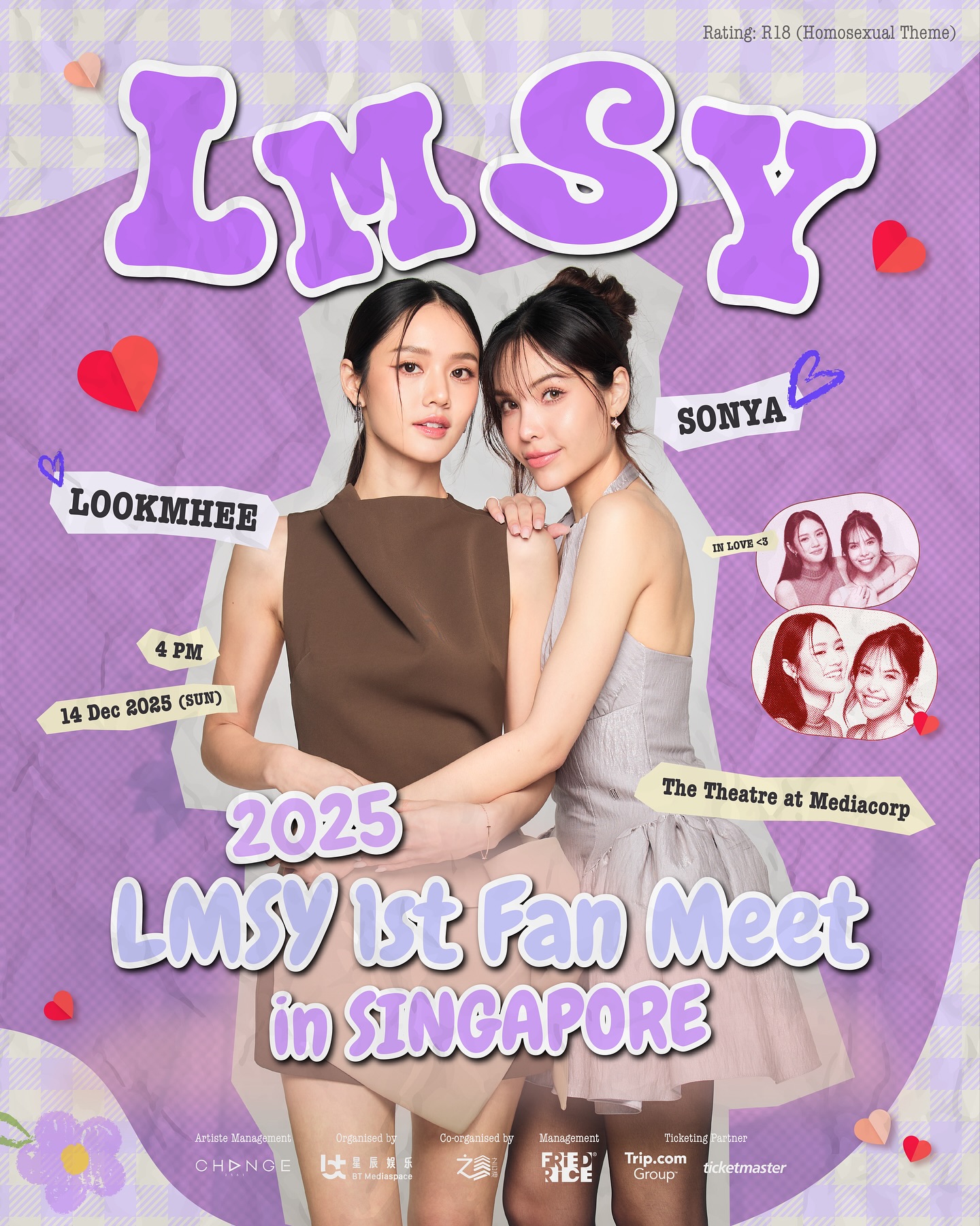 Thailand’s super lovable duo “Lookmhee & Sonya — LMSY” are finally coming to Singapore to meet all the Besties! 🩵💛

Their chemistry in “Affair” and “Harmony Secret” is chef’s kiss, and their real-life soulmate vibes just make everyone fall even more in love with them. 🫶✨

Besties, get ready to share a sweet, heart-fluttering moment with them — you won’t want to miss this! 💗✨
────୨ৎ────
ʚ 𝟐𝟎𝟐𝟓 𝐋𝐌𝐒𝐘 𝟏𝐬𝐭 𝐅𝐀𝐍 𝐌𝐄𝐄𝐓 𝐢𝐧 𝐒𝐈𝐍𝐆𝐀𝐏𝐎𝐑𝐄 ɞ
📆 14 Dec 2025（SUN）
🕓 4PM（SGT）
📍 The Theatre at Mediacorp
🎫 VIP $348 / CAT 1 $268 / CAT 2 $188 / CAT 3 $88 / CAT 4 $68 ** All tickets prices exclude booking fee  📌General Sale｜ 20 November 2025, 2PM (SGT)
🔗 ticketmaster.sg / trip.com 
🔔 Follow BT Mediaspace / Friedrice Entertainment now for the latest updates on LMSY’s Fan Meeting in Singapore!
— 泰国超人气组合 Lookmhee 与 Sonya —— LMSY 即将首次来到新加坡，与 Besties 们浪漫相会啦！🩵💛

在剧集《爱情诡计》（Affair）与《和谐密语》（Harmony Secret）中，两人那种自然流露的心动气息，真的很难不被吸引；而在日常互动里，那种灵魂伴侣般的默契更是让人深陷其中，也因此成功收获无数粉丝的喜爱与支持！🫶🎉

诚挚邀请 Besties 一起走进她们的世界，共度怦然心动的美好时刻吧～💗✨ ────୨ৎ──── ʚ 𝟐𝟎𝟐𝟓 𝐋𝐌𝐒𝐘 𝟏𝐬𝐭 𝐅𝐀𝐍 𝐌𝐄𝐄𝐓 𝐢𝐧 𝐒𝐈𝐍𝐆𝐀𝐏𝐎𝐑𝐄 ɞ
📆日期：2025年12月14日（星期日）
🕓时间：4PM (SGT)
📍地点：The Theatre at Mediacorp

🎫售票详情
售票日期｜2025年11月20日（星期四）
售票时间｜2PM (SGT)
售票网站｜ticketmaster.sg / trip.com
门票售价｜VIP $348 / CAT 1 $268 / CAT 2 $188 / CAT 3 $88 / CAT 4 $68（*所有票价均不包含手续费） 
🔔欲知更多活动详情，记得关注 BT Mediaspace / Friedrice Entertainment 官方社交平台！
—
#LMSY #Lookhmee #Sonya
#LMSY1stFMinSINGAPORE #LMSYinSINGAPORE
#BTMediaspace #FriedRiceEnt