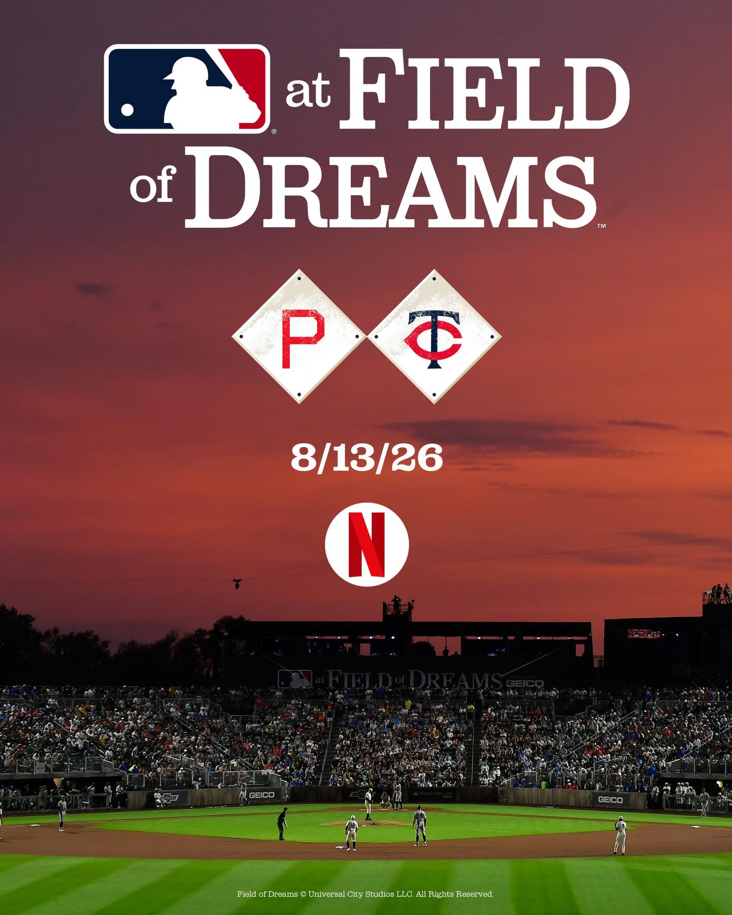 Major League Baseball returns to Iowa with the Twins and Phillies playing in the third edition of MLB at Field of Dreams on August 13, 2026

Netflix will bring the game to fans live from Dyersville