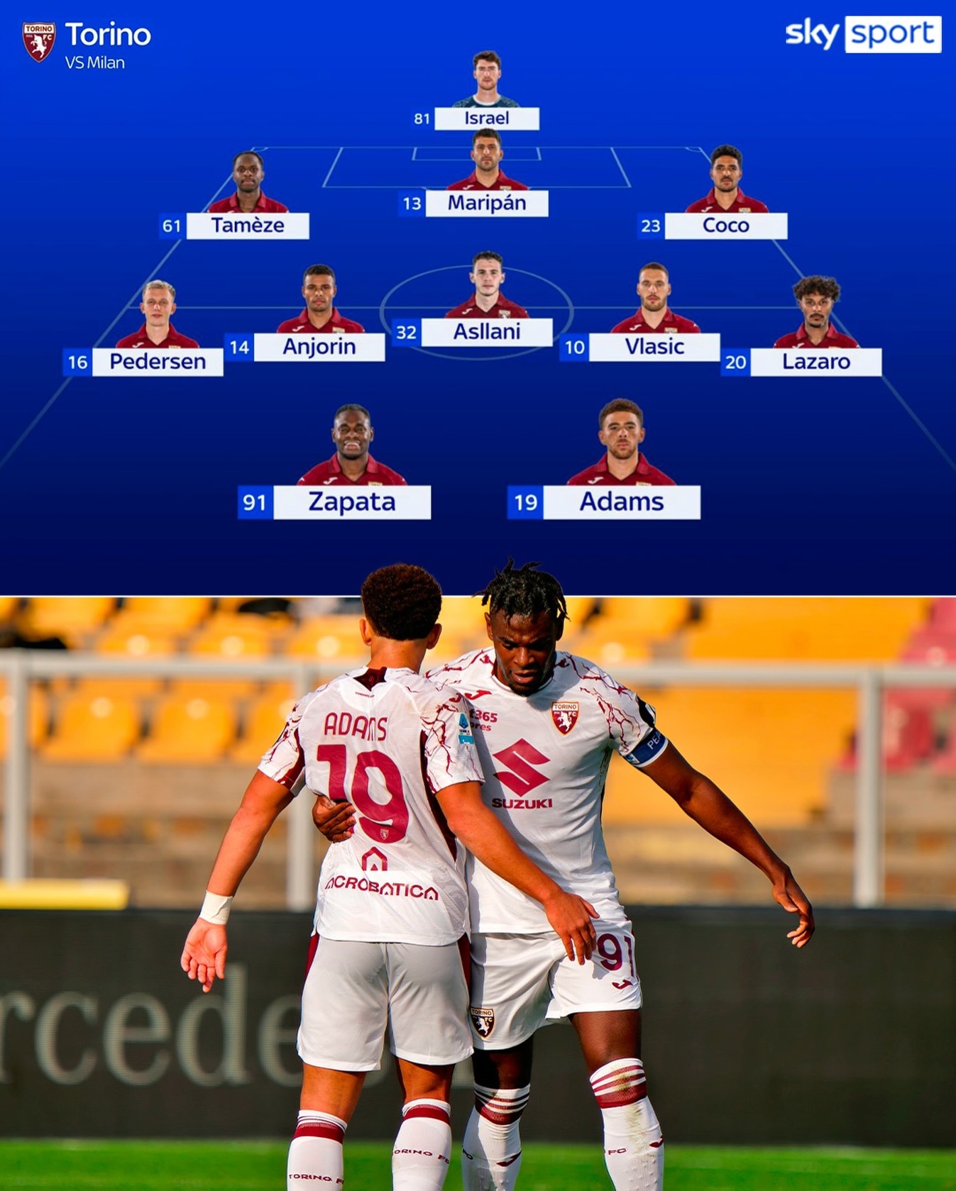 🟤 𝐋𝐚 𝐩𝐫𝐨𝐛𝐚𝐛𝐢𝐥𝐞 𝐟𝐨𝐫𝐦𝐚𝐳𝐢𝐨𝐧𝐞 𝐝𝐞𝐥 𝐓𝐨𝐫𝐢𝐧𝐨 𝐩𝐞𝐫 𝐢𝐥 𝐦𝐚𝐭𝐜𝐡 𝐜𝐨𝐧𝐭𝐫𝐨 𝐢𝐥 𝐌𝐢𝐥𝐚𝐧 

📌 Segui Torino-Milan alle 20:45 su Sky Sport Uno, Sky Sport Calcio e in streaming su @nowtvit 

#SkySport #SkySerieA #SerieA #Torino