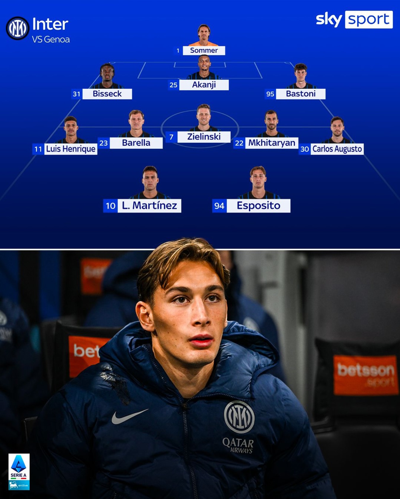 Il 𝒑𝒓𝒐𝒃𝒂𝒃𝒊𝒍𝒆 𝑿𝑰 con cui l’inter sfiderà domani il Genoa 👕
In attacco ballottaggio tra Pio Esposito e Ange-Yoann Bonny. A centrocampo Sucic insidia Mkhitaryan

📸 IPA/Fotogramma
#SkySport #SkySerieA #GenoaInter