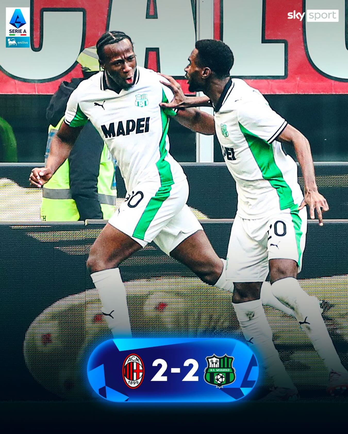 𝐋𝐚𝐮𝐫𝐢𝐞𝐧𝐭𝐞́ 𝐫𝐢𝐩𝐫𝐞𝐧𝐝𝐞 𝐢𝐥 𝐌𝐢𝐥𝐚𝐧 𝐞 𝐟𝐚 𝟐-𝟐 𝐚 𝐒𝐚𝐧 𝐒𝐢𝐫𝐨

La doppietta di Bartesaghi non basta ai rossoneri, il Sassuolo pareggia i conti con il numero 45 sul finale di secondo tempo

🏟️ #MilanSassuolo 2-2 
#SkySport #SkySerieA #Milan #Sassuolo