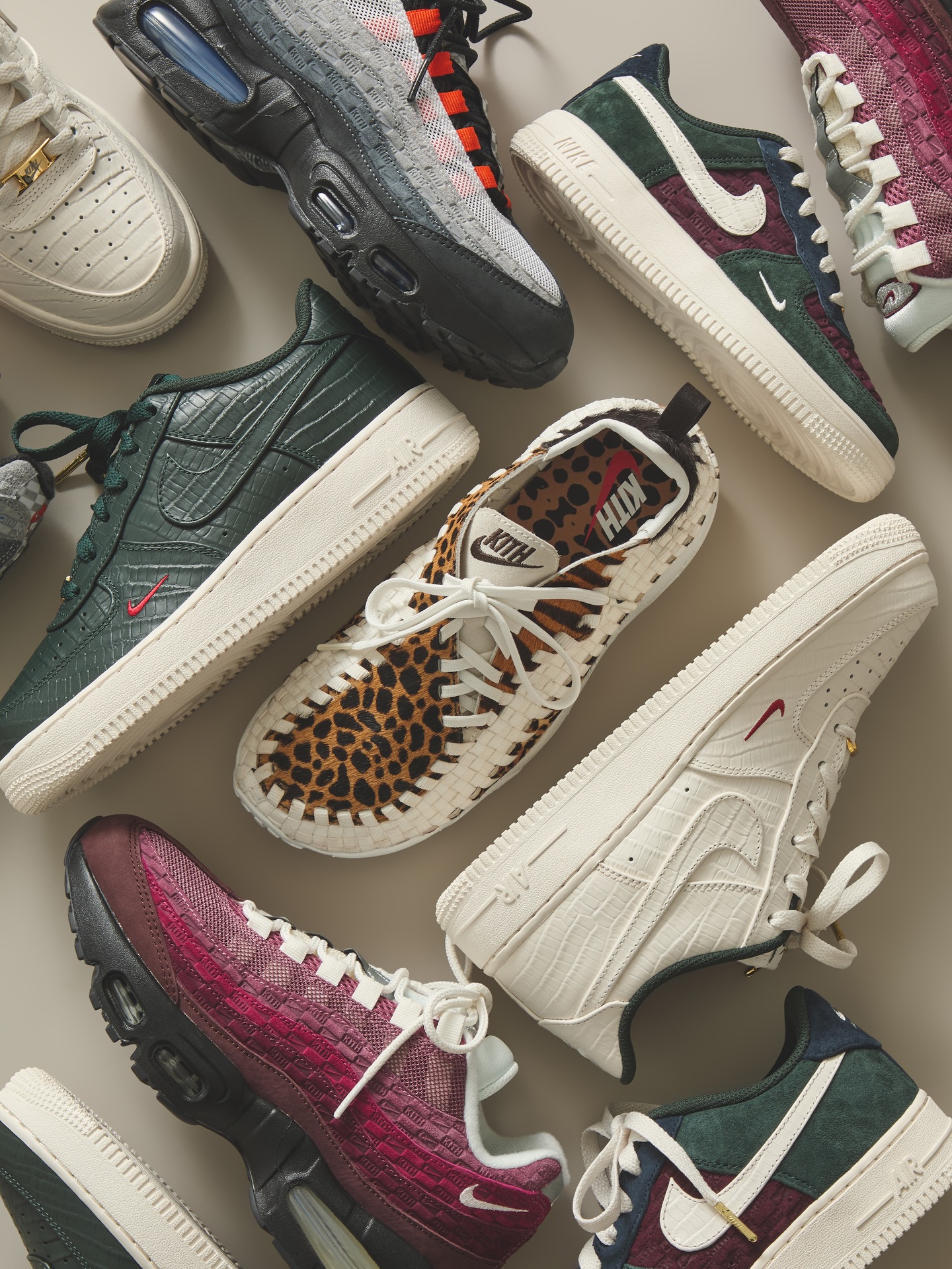 Kith for Nike. Our kid’s footwear collection reimagines timeless Nike designs for the feet that shape the future. Each pair is individually numbered and limited to 1,982 pairs globally, an homage to our founder Ronnie Fieg’s birth year. 

Three colorways of the Air Force 1 are offered in TD, PS & GS sizing. The first two are executed in croc-embossed leather, while the third features Kith monogram-debossed suede. 

Two colorways of the Air Max 95 OG are offered in TD, PS & GS sizing. All models feature Kith monogram-debossed suede uppers, along with lenticular reflective Kith & Nike branding on the heel counters. The GS pairs also feature a Kith logo embossed in the medial side. 

The Footscape is offered in GS sizing, marking the silhouette’s first time ever being released in kid’s sizing. The pony hair upper includes leopard, tiger and cheetah prints. 

Three colorways of the Swoosh 1 are offered in baby/crib sizing. The uppers are crafted from Nike Flyknit with embroidered Kith & Nike and Just Us co-branding. 

The collection releases this Friday at all Kith shops and at 11AM EST/CET/GMT on Kith.com, UK.Kith.com, EU.Kith.com, CA.Kith.com & the Kith App.