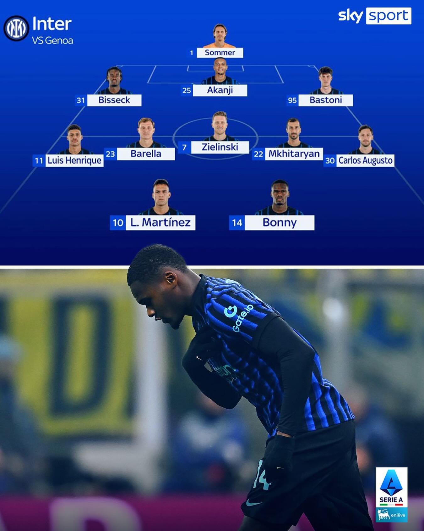 𝐋𝐚 𝐩𝐫𝐨𝐛𝐚𝐛𝐢𝐥𝐞 𝐟𝐨𝐫𝐦𝐚𝐳𝐢𝐨𝐧𝐞 𝐝𝐞𝐥𝐥’𝐈𝐧𝐭𝐞𝐫 𝐩𝐞𝐫 𝐥𝐚 𝐬𝐟𝐢𝐝𝐚 𝐜𝐨𝐧𝐭𝐫𝐨 𝐢𝐥 𝐆𝐞𝐧𝐨𝐚 🏟️

Diversi ballottaggi per Chivu: Mkhitaryan/Sucic in mezzo al campo, Luis Henrique/Diouf a destra, mentre in attacco Lautaro sarà affiancato da uno tra Thuram e Bonny

📌Segui Genoa-Inter LIVE su Sky Sport e in streaming su NOW domenica 14 dicembre con calcio d’inizio alle 18:00

#SkySport #SkySerieA #SerieA #GenoaInter
