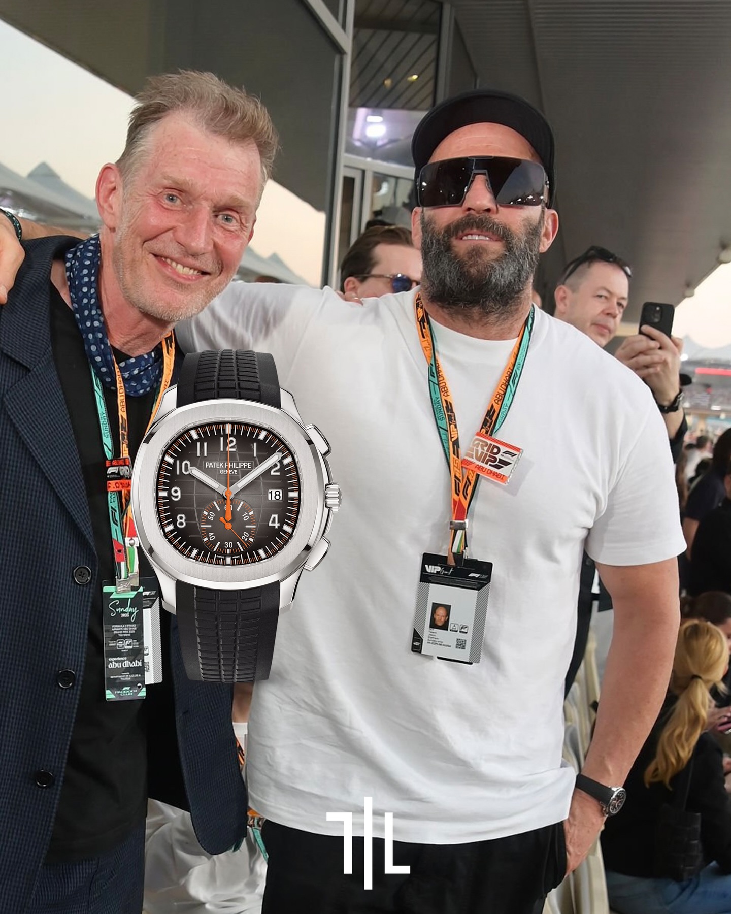 Jason Statham at today’s Formula 1 Abu Dhabi Grand Prix wearing a sporty Patek Philippe Aquanaut Chronograph Ref. 5968A in stainless steel. Designed for performance and versatility, this modern Aquanaut features a bold chronograph layout, embossed black dial with luminous Arabic numerals, and the signature composite strap, perfectly aligning Patek Philippe’s refined craftsmanship with the adrenaline of F1. #PatekPhilippe

Retail price: $67,000
Market price: ~$130,000

Photo: GettyImages