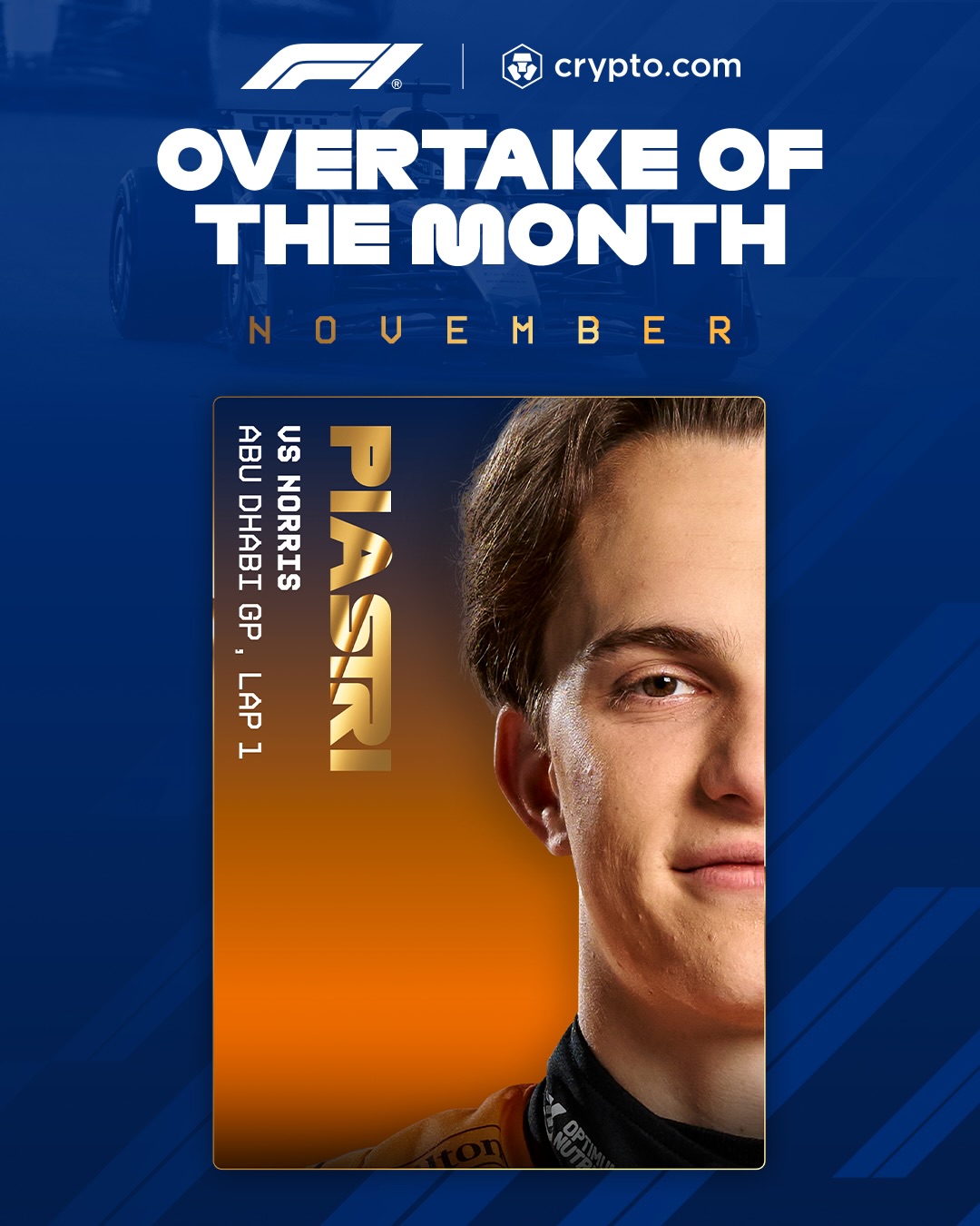 Oscar getting it done 😮‍💨

@oscarpiastri’s gutsy first-lap move at the season finale earned him our final @cryptocomofficial Overtake of the Month award for the season - his third win of 2025!

#F1 #Formula1