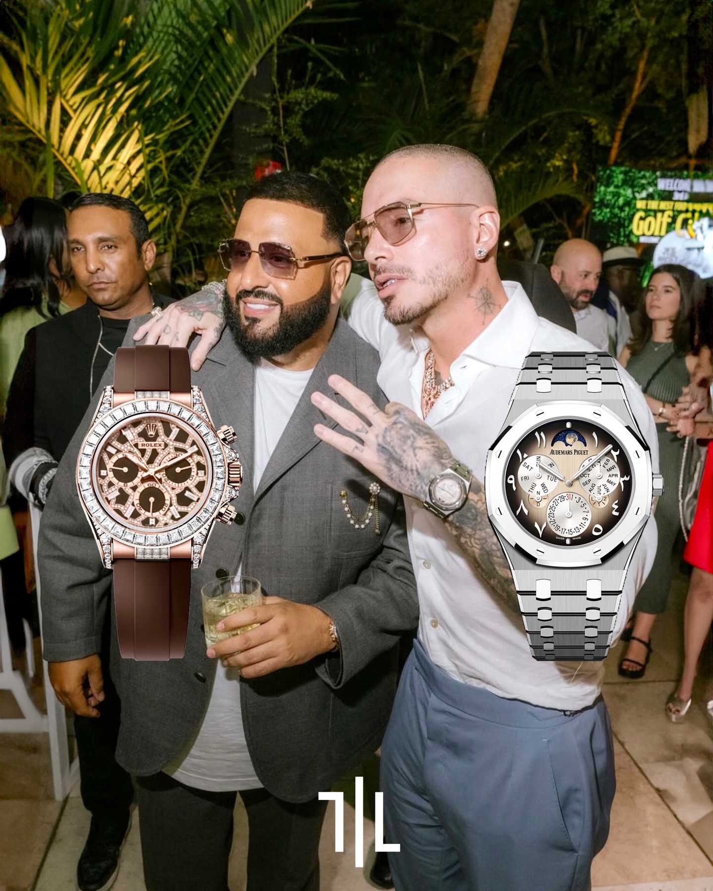 @jbalvin and @djkhaled at DJ Khaled’s 50th birthday in serious watch-collector fashion, each wearing ultra-exclusive pieces rarely seen in the wild. J Balvin wore a special-edition @audemarspiguet Royal Oak Perpetual Calendar Ultra-Thin Special Edition (Ref. 26586XT). This exceptional creation combines satin-brushed titanium with polished BMG for a dramatic play of light, paired with a smoked ivory dial featuring silver subdials and white gold Eastern Arabic numerals. A true one-off masterpiece from AP’s most advanced Royal Oak lineage.

Retail price: Not for sale.

DJ Khaled opted for an out-of-catalogue @rolex Cosmograph Daytona Ref. 126555TBR “Giraffe.” Crafted in 18k Everose gold, this daring configuration features a partially diamond-set brown dial and matching brown Oysterflex strap — an exotic and highly elusive gem-set Daytona coveted by collectors worldwide.
Retail price: $205,000
Market price: ~$300,000

Photo: @djkhaled / @jbalvin