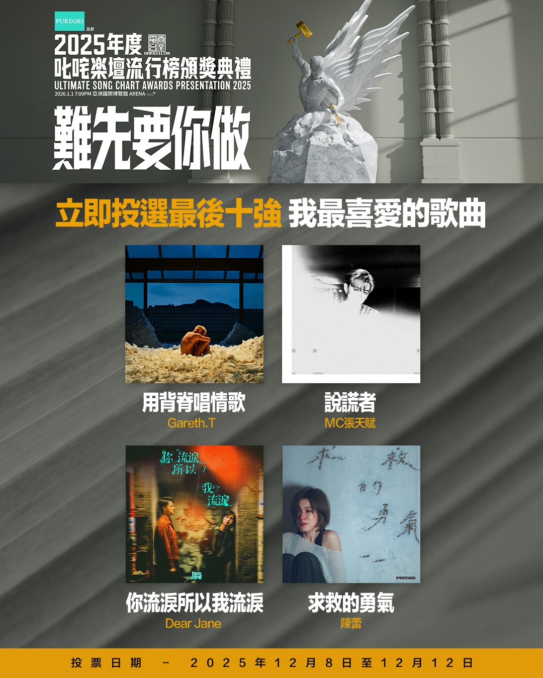 【2025年度叱咤樂壇流行榜頒獎典禮】

🗓第四階段投票日期：2025年12月8日 至12月12日

立即登記成為「881903會員」
登入「叱咤投票站」：https://usca.my903.com/
投選 叱咤樂壇 我最喜愛的歌曲 最後10強

#商業電台 #叱咤903 #叱咤2025 2025年度叱咤樂壇流行榜頒獎典禮 難先要你做