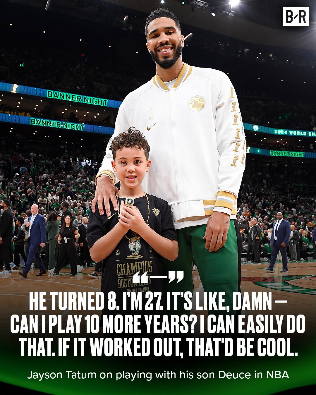 Jayson Tatum says if he can play for 10 more years, he may have a chance to play with his son, Deuce, in the NBA 🥹🔥

Could we see a SECOND father-son duo in the league? 👀

(Via @morriscode_2)