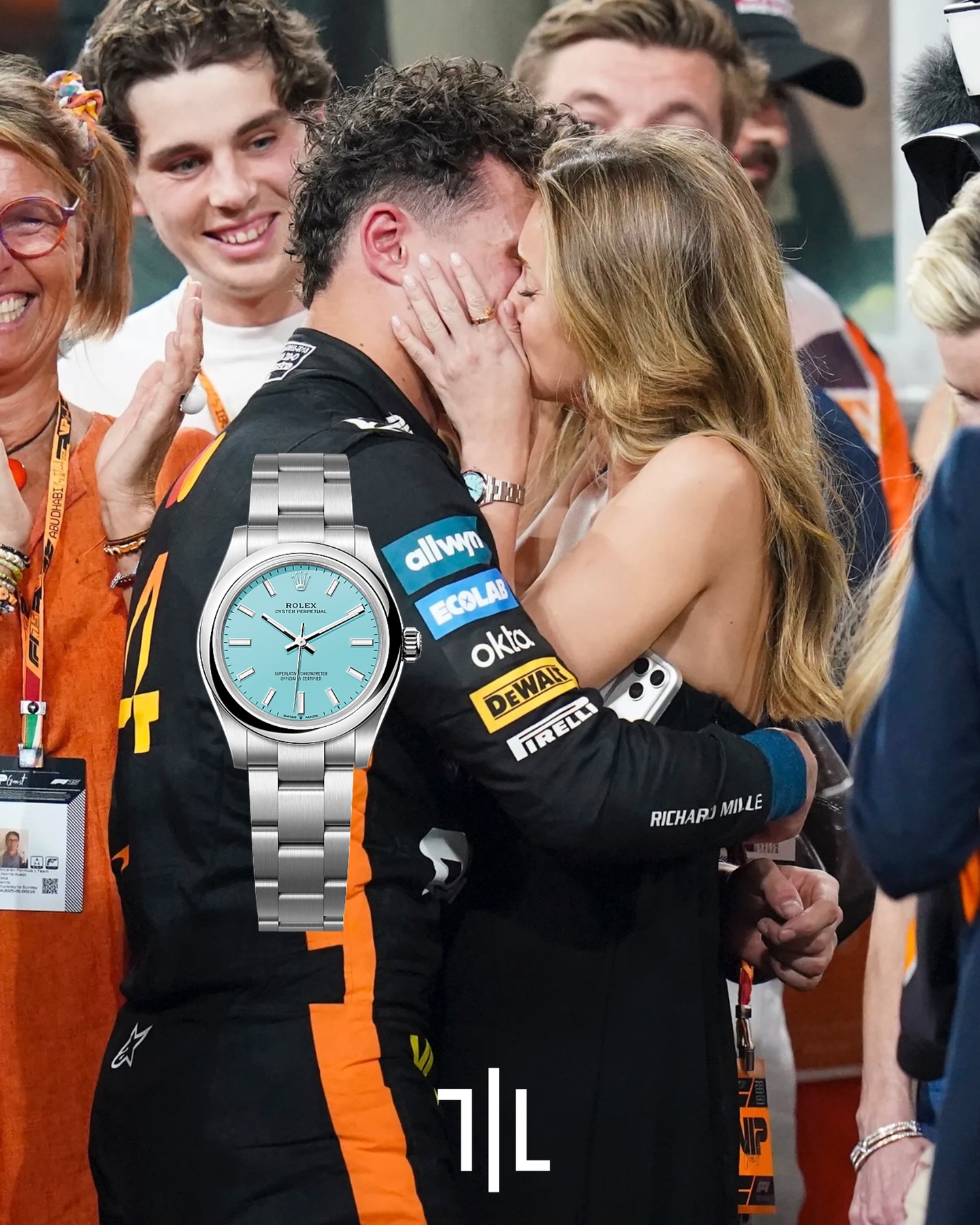 @magui_corceiro celebrated her boyfriend @landonorris’ first Formula 1 World Championship title wearing a @rolex Oyster Perpetual 31 “Tiffany” in stainless steel. Featuring the iconic turquoise lacquer dial, this highly coveted reference blends Rolex’s timeless Oyster design with a fresh, contemporary colorway that has become one of the most in-demand modern Rolex creations. #Rolex

Retail price: $5,700
Market price: ~$11,000

Photo: @gettyimages