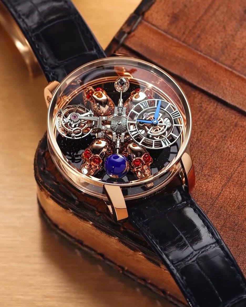 The Astronomia Art Skulls is a daring fusion of haute horology and artistic craftsmanship. Featuring intricately sculpted skulls within the signature Astronomia movement, this timepiece transforms the wrist into a canvas of mechanical art. A symbol of strength, mystery, and timeless design.

50-mm rose gold case
5 hand-made rose gold skull sculptures with ruby eyes
Double-axis flying tourbillon

#Jacobandco #Inspiredbytheimpossible
