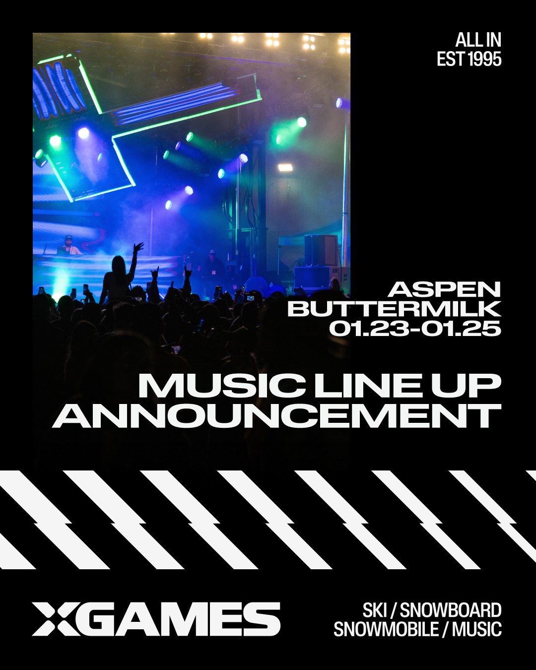 X Games Aspen 2026 music lineup is here!

Get ready for:
@alesso
@discolines
@girlfriends
@kendollmusik
@thisistessla
@skybrown

Daytime attendance is FREE! Limited GA & Lounge tickets available now!

📆 January 23-25, 2026
📍 Aspen, Colorado
🖥️ More info on xgames.com

#XGames #XGamesAspen