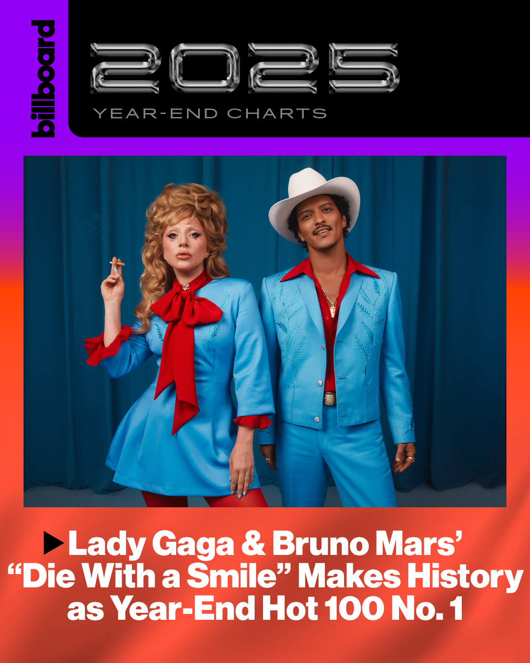Lady Gaga and Bruno Mars' "Die With a Smile" is the No. 1 hit on Billboard's year-end 2025 Hot 100 Songs chart. 📈⁠
⁠
Notably, the ballad breaks barriers as the first annual Hot 100 Songs No. 1 duet by a female and male soloist each in lead roles over the chart's 67-year history.⁠
⁠
More details at the link in bio.