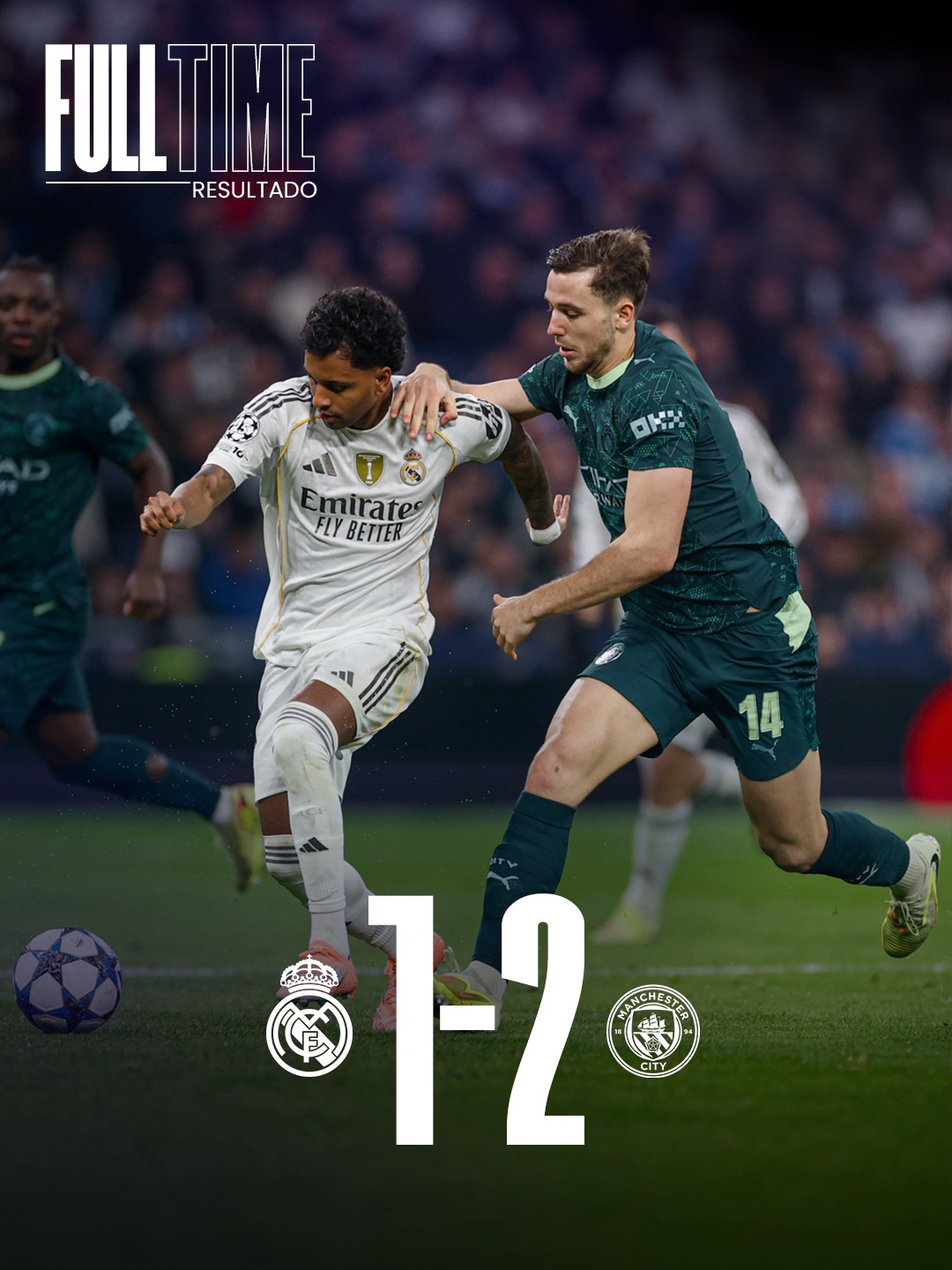 🏁 FT: Real Madrid 1-2 Manchester City
⚽ 28' @RodrygoGoes
⚽ 35' O'Reilly
⚽ 43' Haaland (p.)
#UCL