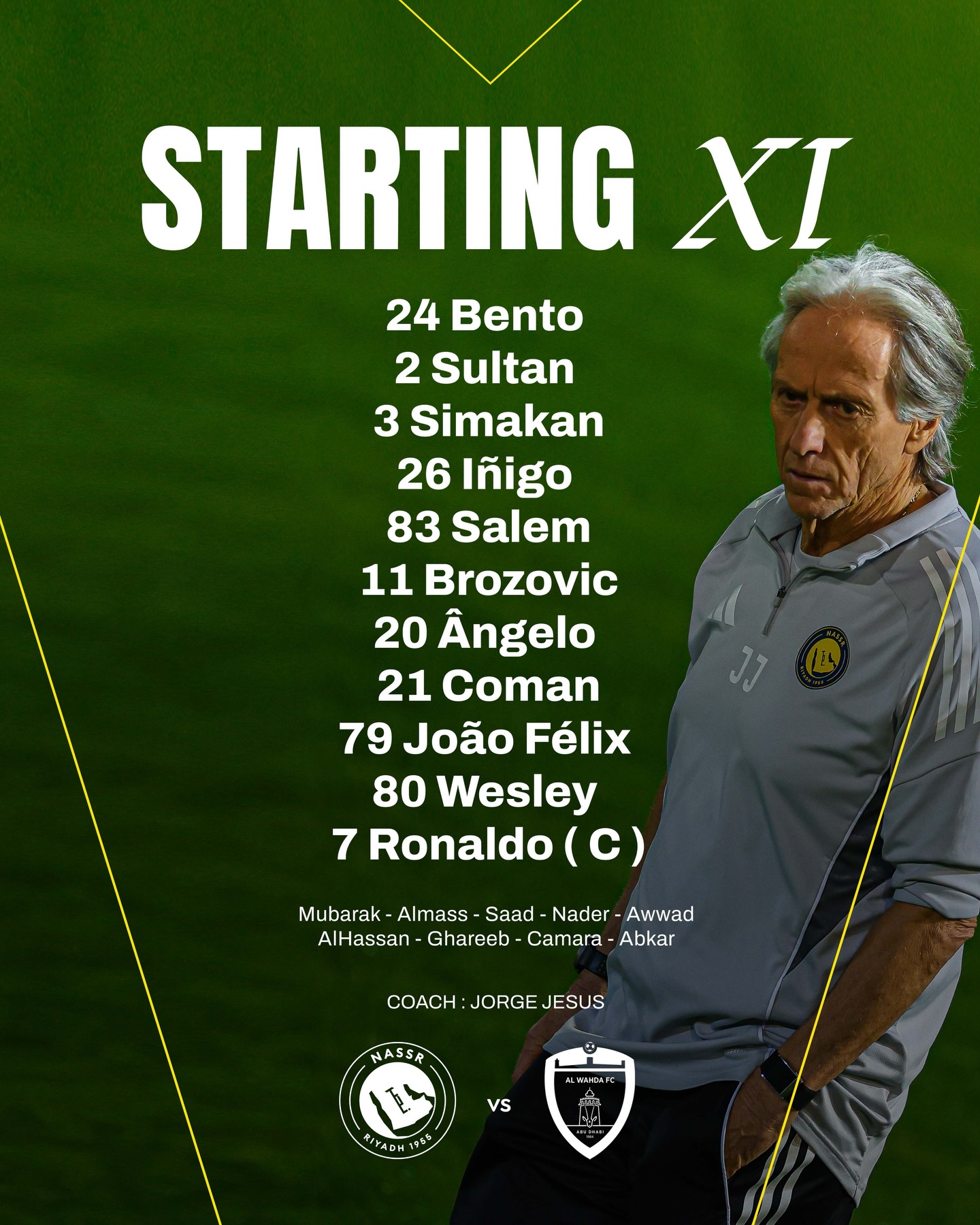 🗒️
هُنـا قائمتنا الرسمية لمباراة السادسة والنصف مساءً 📋
#النصر_الوحدة الإماراتي
 Abu Dhabi lineup locked in 🌟