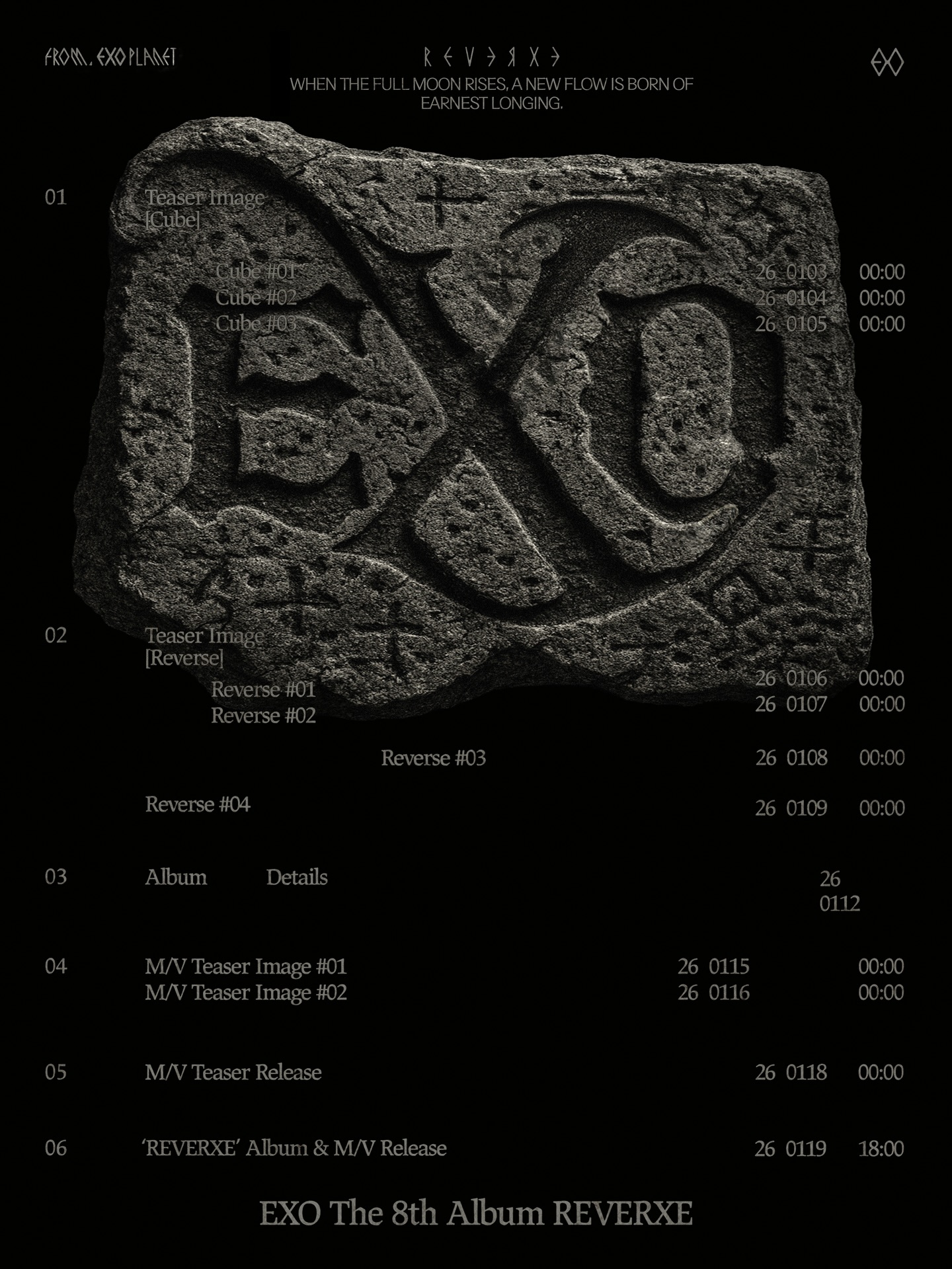 ’REVERXE‘ Timeline

EXO 엑소 The 8th Album 【REVERXE】
➫ 2026.01.19 6PM (KST)

💿Pre-order
EXO.lnk.to/REVERXE

#EXO #엑소 #weareoneEXO
#REVERXE