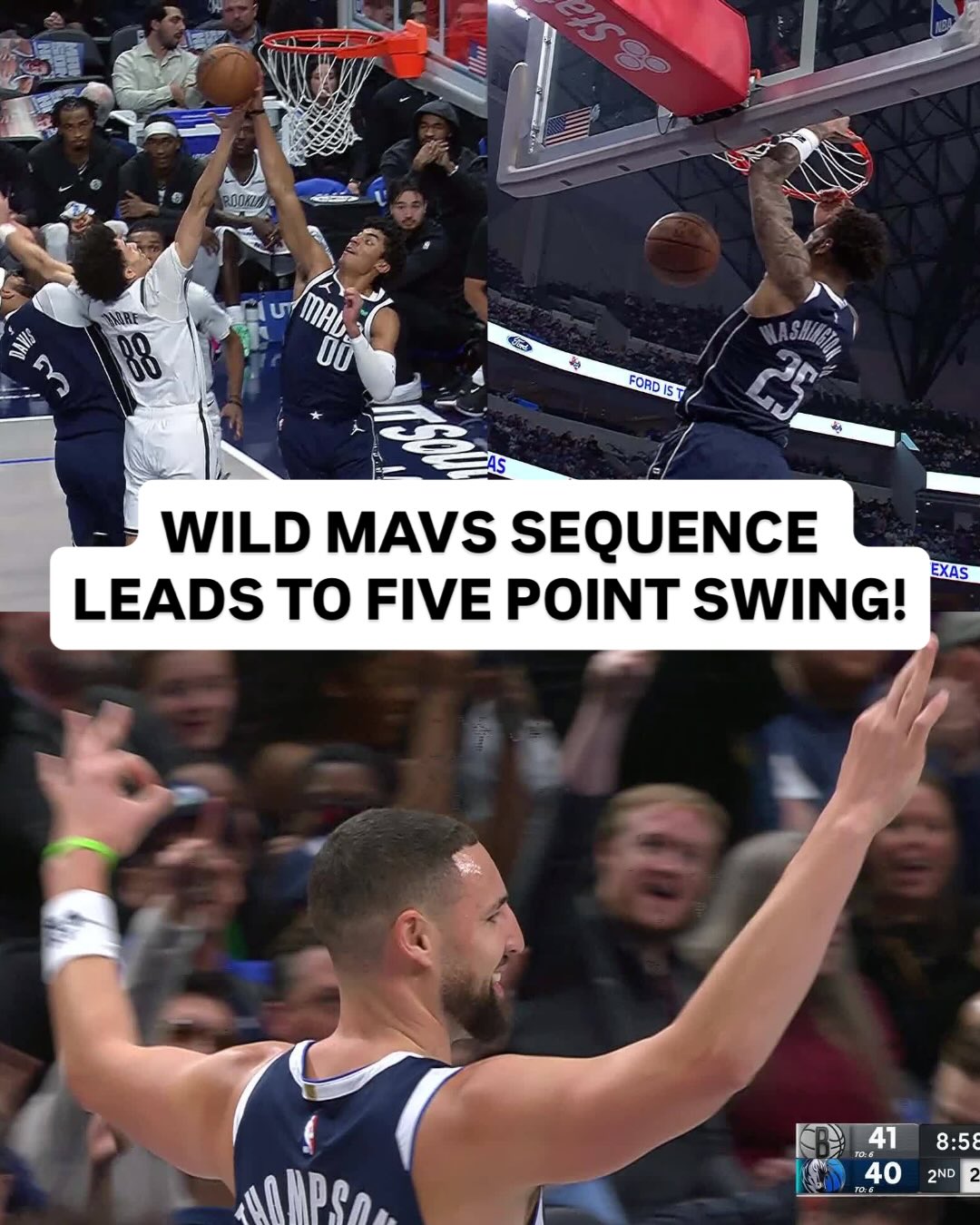 The block, the lob, the steal, the three 😳 The @dallasmavs get the home crowd on their feet with this insane sequence! 🔥 BKN/DAL • NBA League Pass • <link in bio>