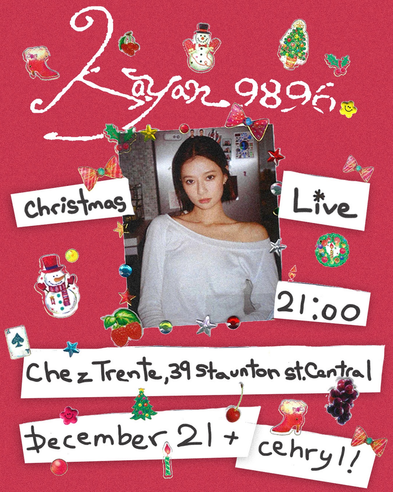 Hello大家！I have been missing you a little extra lately🤍 So let’s fix this! 一年太快又到年尾了，亦係我最鍾意既聖誕節，希望係2025結束前，可以同大家cozy地、慢慢地過一個晚上，唱我最中意既聖誕歌，同大家傾下計，wrap up the year! 

Hey, I’ve been missing you lately… :p My favorite festival is around the corner. And this year, I want us to slow down together, sing for  you my favorite Christmas songs, at a little speakeasy where we can actually see each other’s face, and wrap this year together :) 🎄❤️

kayan9896 - Christmas Live! 

Date: December 21st (Sunday) 
Time: 21:00
Venue: Chez Trente, 39 Staunton St, Central @chez.trente 
Special Guest: @cehryl 
Ticket Price: $200 (Including one drink)

🎟️ 購票連結在bio！或 Get tickets at Eventbrite: eventbrite.hk/e/chez-trente-living-room-concert-tickets-1977403189169?aff=oddtdtcreator