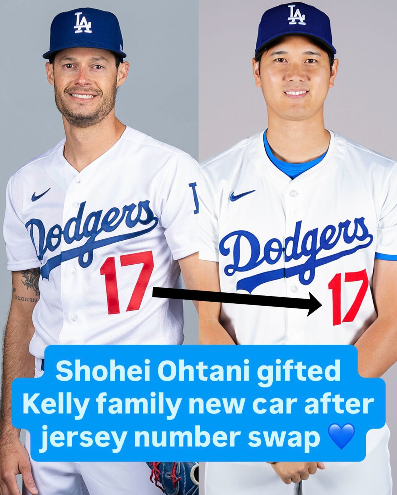 When Shohei Ohtani was a free agent, Joe Kelly’s wife Ashley started the Ohtake17 campaign, lobbying for Ohtani to sign with the Dodgers and offering up her husband’s jersey number.

Shohei signed with the Dodgers and surprised Ashley with a brand new car after being given No. 17 from Joe. Best of luck in your future endeavors, Joe! 💙

📹: @Dodgers, @AshleyNicoKelly